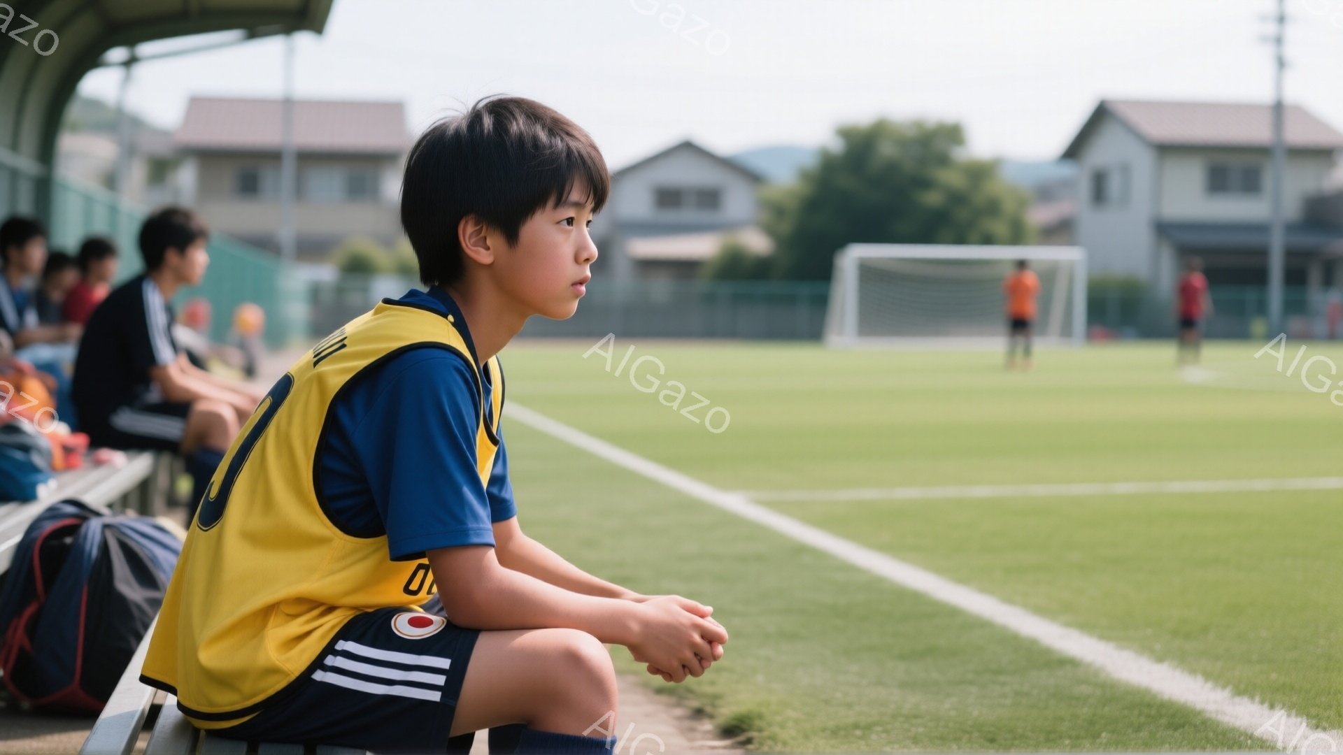 少年は黄色いビブスと紺色のユニフォームを着用し、白いベンチに座って何かを考えているようです。彼の髪は短く黒く、顔は横を向き、少し憂いを含んだ表情をしています。背景には緑のサッカー場、遠くに建物と山々が見え、晴天の下で試合が行われている様子が伺えます。