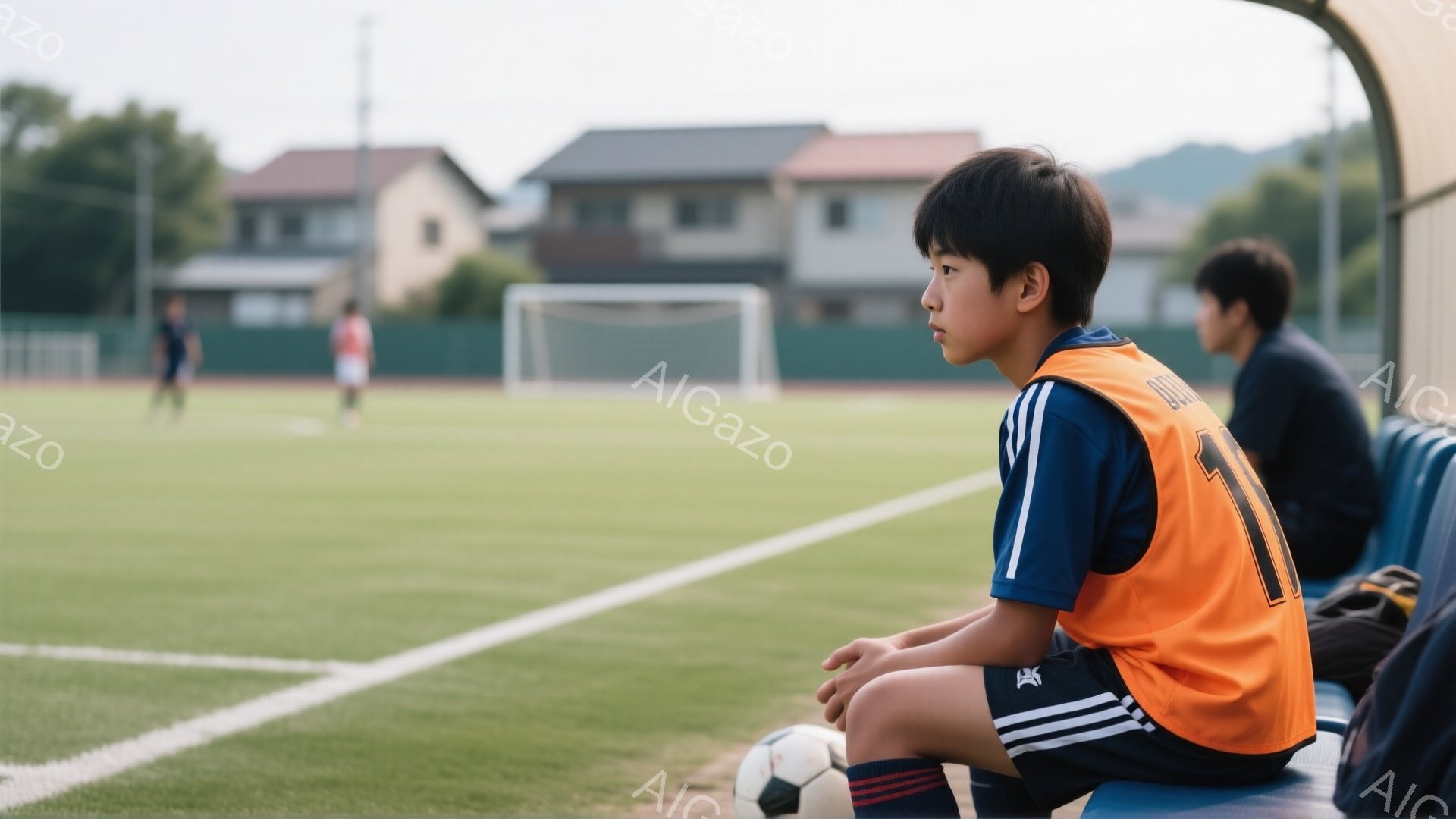 サッカー場にいる少年が、ベンチに座って試合を見ている。オレンジ色のベストと紺色の短パン、白いソックスを着用しており、黒髪を短く切っている。背景には緑の芝生、サッカーゴール、そして住宅地が広がり、晴天の下で爽やかな雰囲気である。