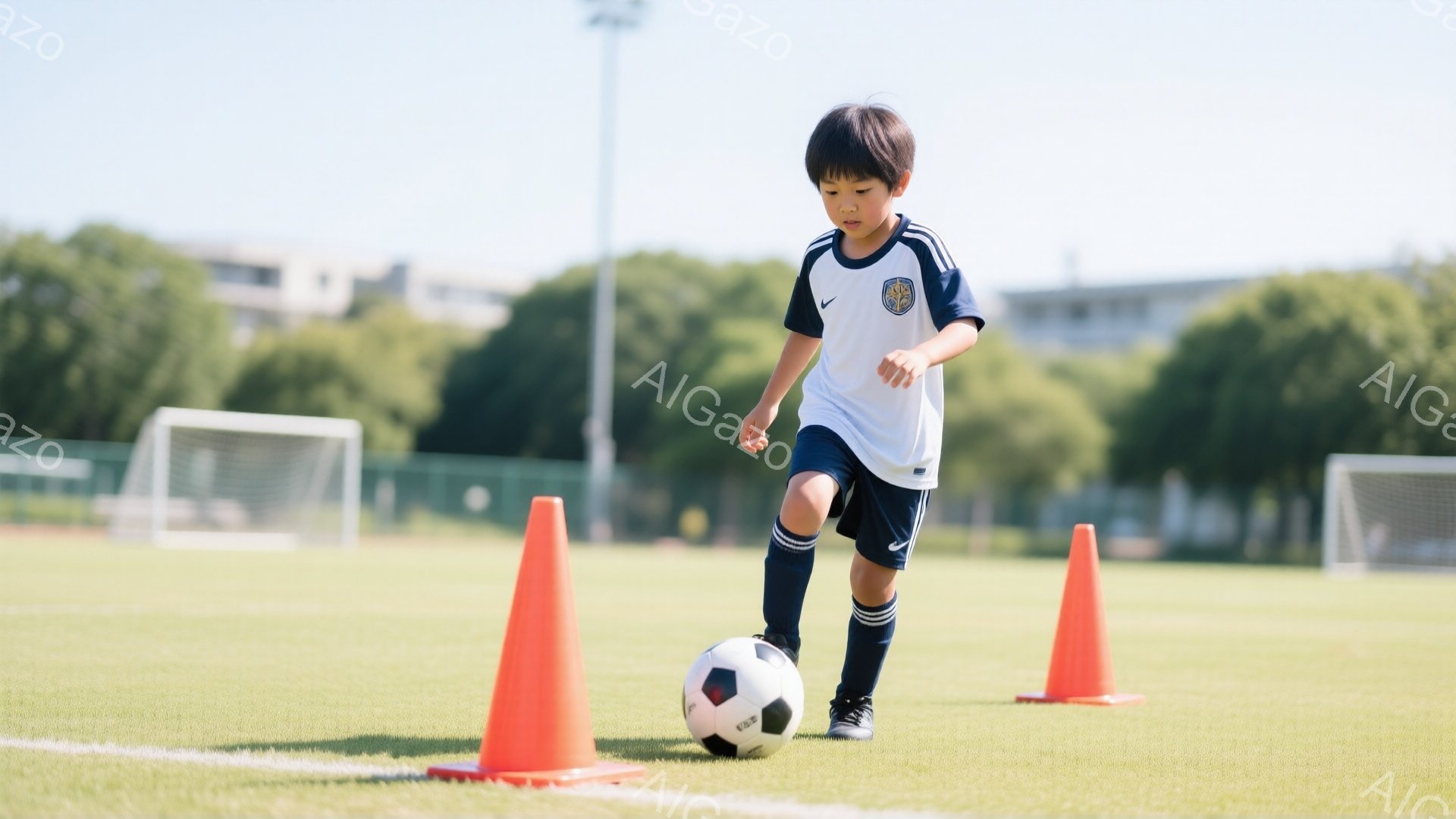 小さな少年がサッカーボールをドリブルしている様子が写っている。白い襟付きの半袖シャツと紺色のショートパンツ、そして黒いソックスとサッカーシューズを履いている。背景には緑の芝生、オレンジ色のコーン、そして遠くに見える建物と木々があり、晴れた日のサッカー練習風景を捉えている。