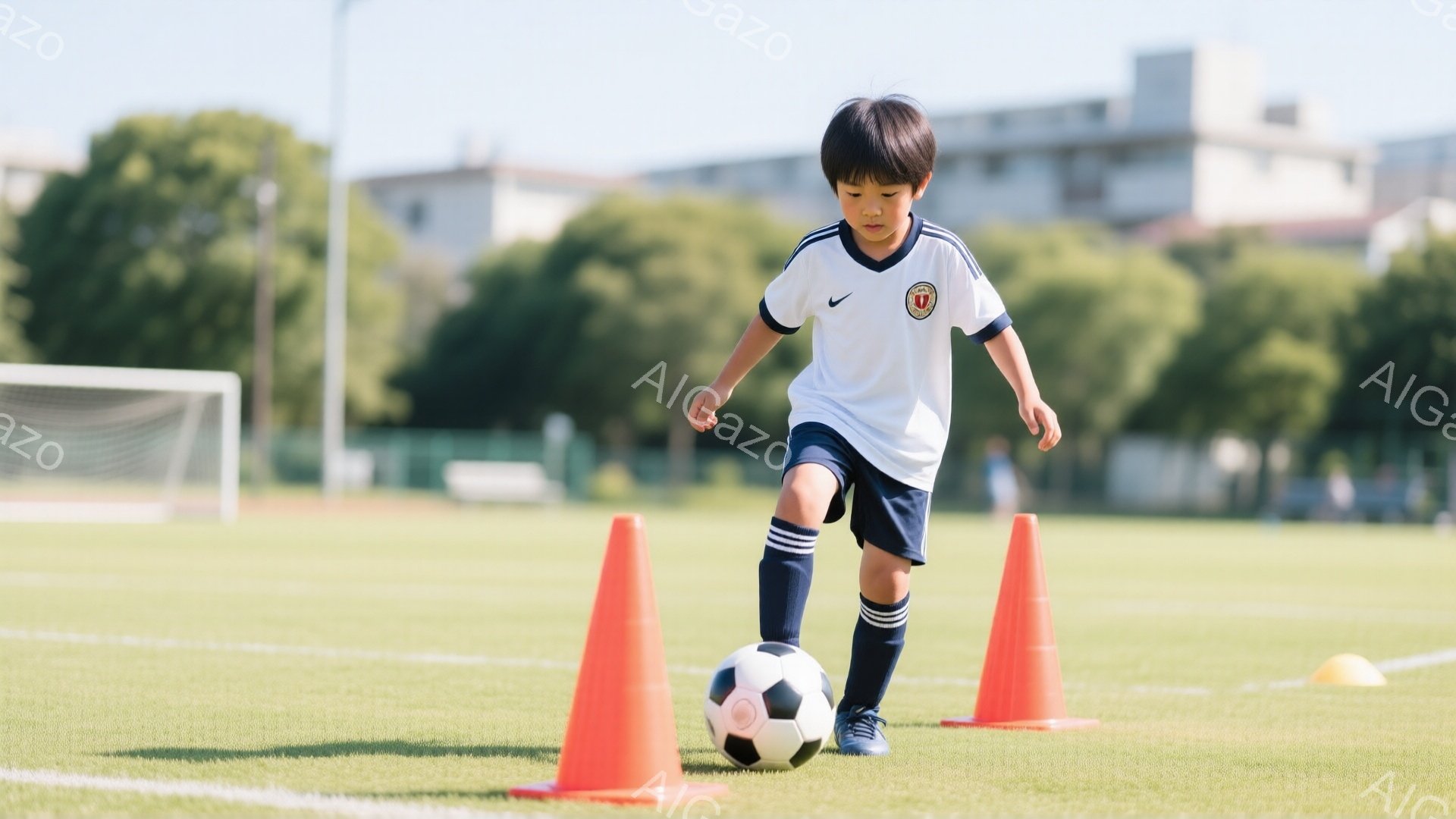 少年はサッカーボールをドリブルしながら、オレンジ色のコーンの間を走っている。白いシャツに濃い青の短パン姿で、髪は短く整えられている。背景には緑豊かな芝生と、建物が見え、晴れた日のサッカー練習の様子が伝 - AI生成フリー素材