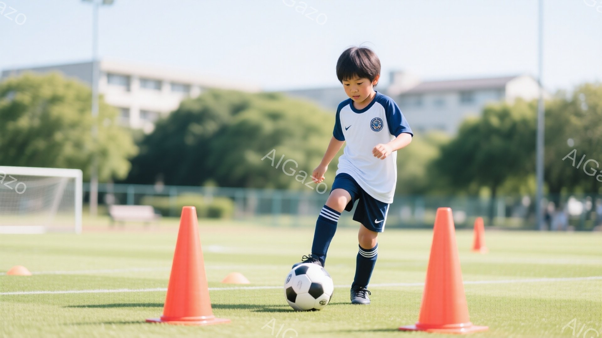 少年はサッカーボールをドリブルしながら、オレンジ色のコーンの間を走っている。白地に濃い青のラインが入ったサッカーユニフォーム、黒いヘアスタイルで、集中した表情をしている。背景には緑の芝生、サッカーゴー - AI生成フリー素材