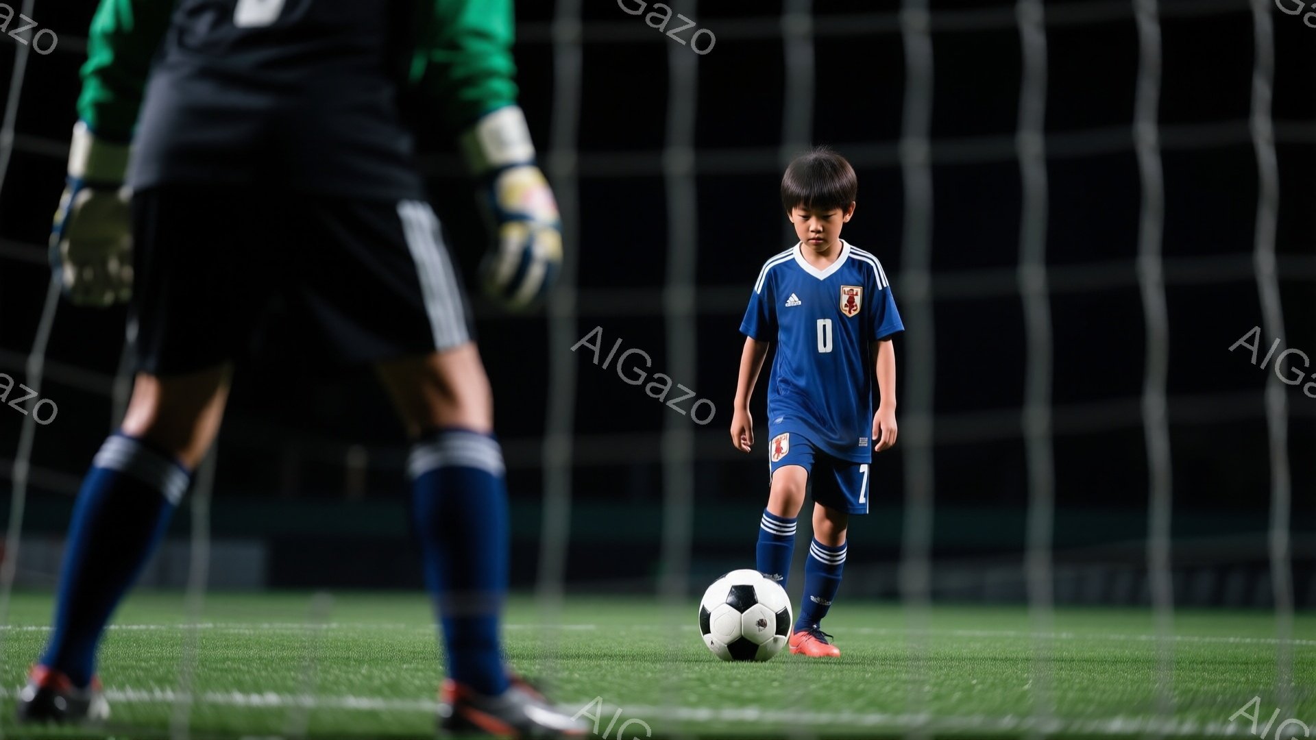 サッカーの試合中の少年が、ボールを足元でドリブルしている様子が写っている。少年は青いユニフォームと黒いソックスを着用し、黒髪を短く整えている。背景にはぼやけたサッカーゴールと緑の芝生が広がり、夜間の照明の下で試合が行われている雰囲気が伝わる。