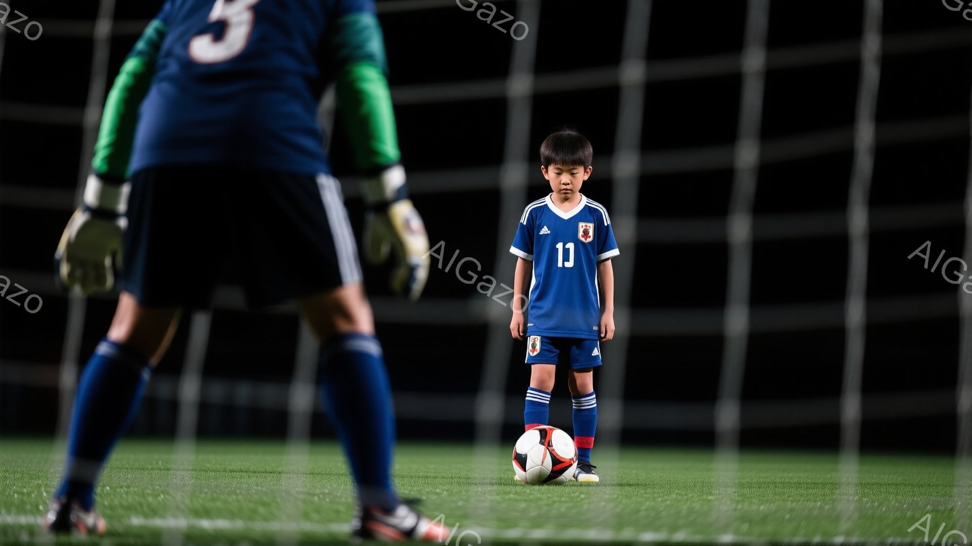 サッカー場の緑の芝生の上に、少年が立っている。青いユニフォームには「10」の番号が描かれ、赤いソックスと黒いスパイクを履いている。背景には、ゴールキーパーが少しぼやけて写っており、夜間の試合か練習風景 - AI生成フリー素材