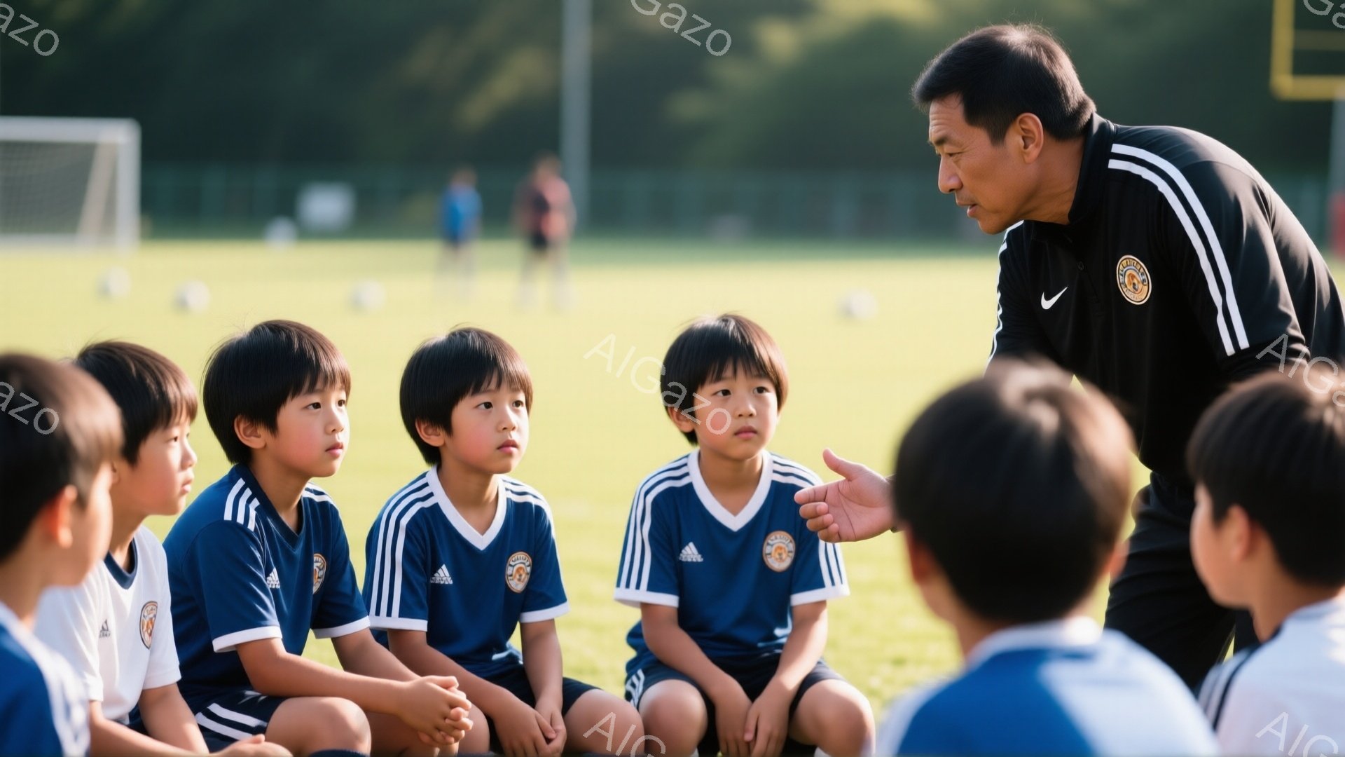 サッカーの練習風景で、紺色のユニフォームを着た少年たちが地面に座り、指導者から話を聞いています。指導者は黒いトレーニングウェアを着ており、身振り手振りで説明しています。背景には緑の芝生とサッカーゴール - AI生成フリー素材