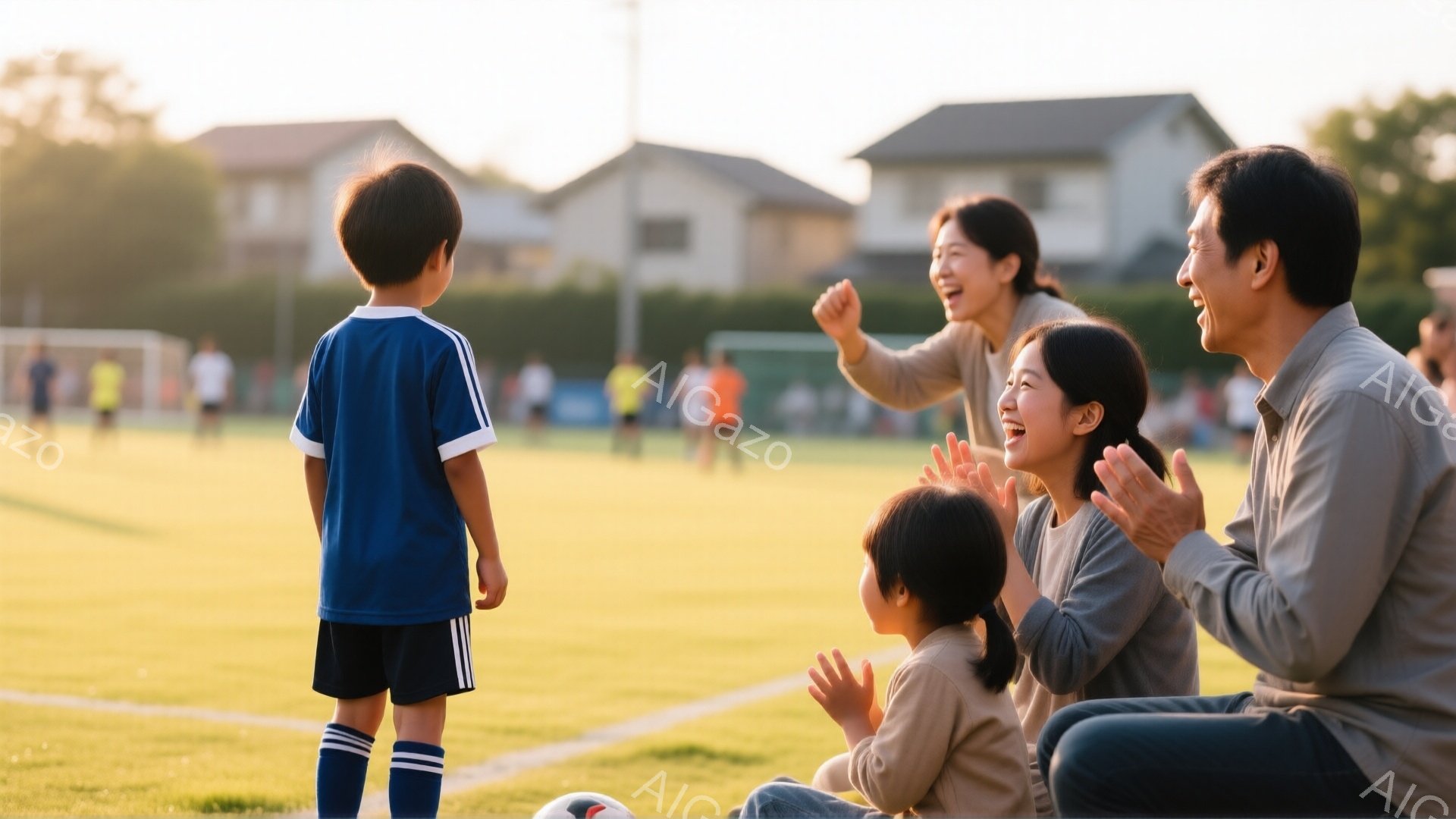 サッカーの試合を観戦する家族の様子が写っています。少年は青いユニフォームと黒い短パン、ハイソックスを着用し、背を向けてフィールドを見ています。母親と父親、そして小さな女の子が観客席で少年のプレーに歓声を上げ、手を叩いて応援しています。