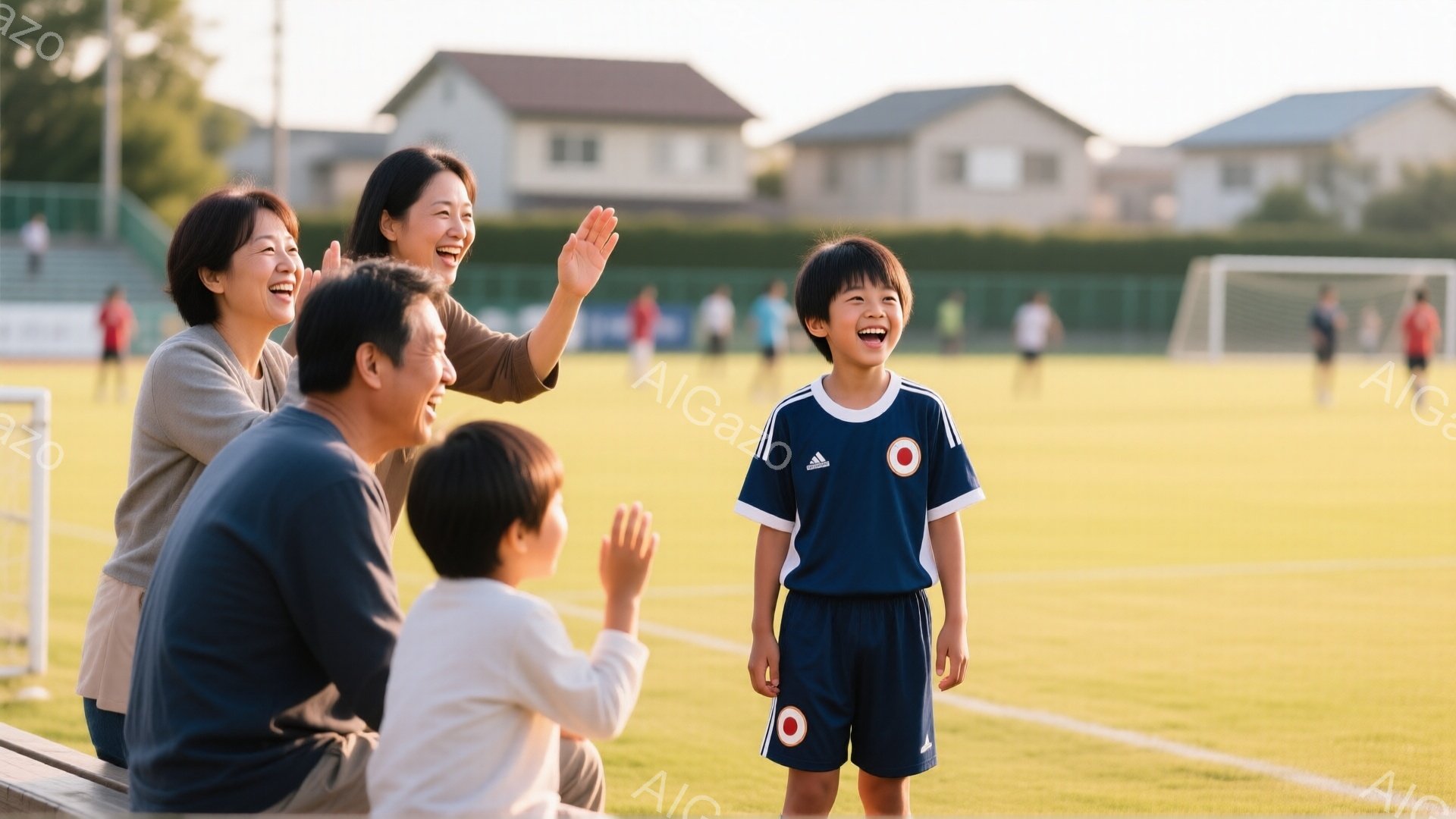 観客席に座る家族と、サッカー場でプレーする少年が写っている。母親は手を高く上げ、父親と幼い弟は手を振って少年のプレーを応援している。背景には緑の芝生とサッカーゴール、そして住宅地が広がり、夕暮れ時の穏やかで温かい雰囲気が感じられる。