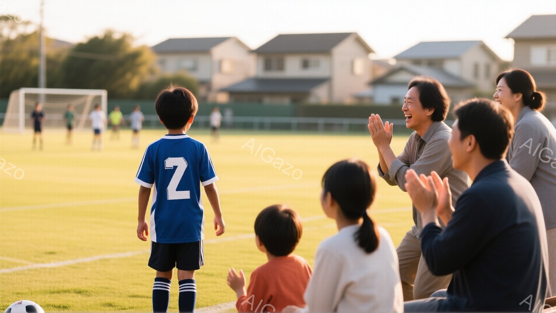 青いサッカーユニフォームに「2」と書かれた少年が、緑の芝生の上で背を向けて立っている。背景にはサッカーのゴールと、プレーしている子供たちがおり、観客席では家族が少年を応援するように拍手をしている。空は晴れていて、背景には住宅が見え、全体的に温かく幸せな雰囲気が漂っている。