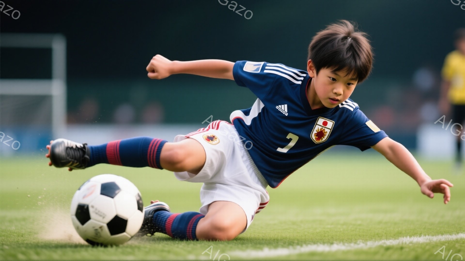 少年は青いサッカーユニフォームと白いショートパンツ、黒いソックスを着用し、芝生の上を滑り込むようにしてボールを蹴っています。髪型は短く、表情は真剣で、集中している様子が伺えます。背景には緑の芝生とぼや - AI生成フリー素材