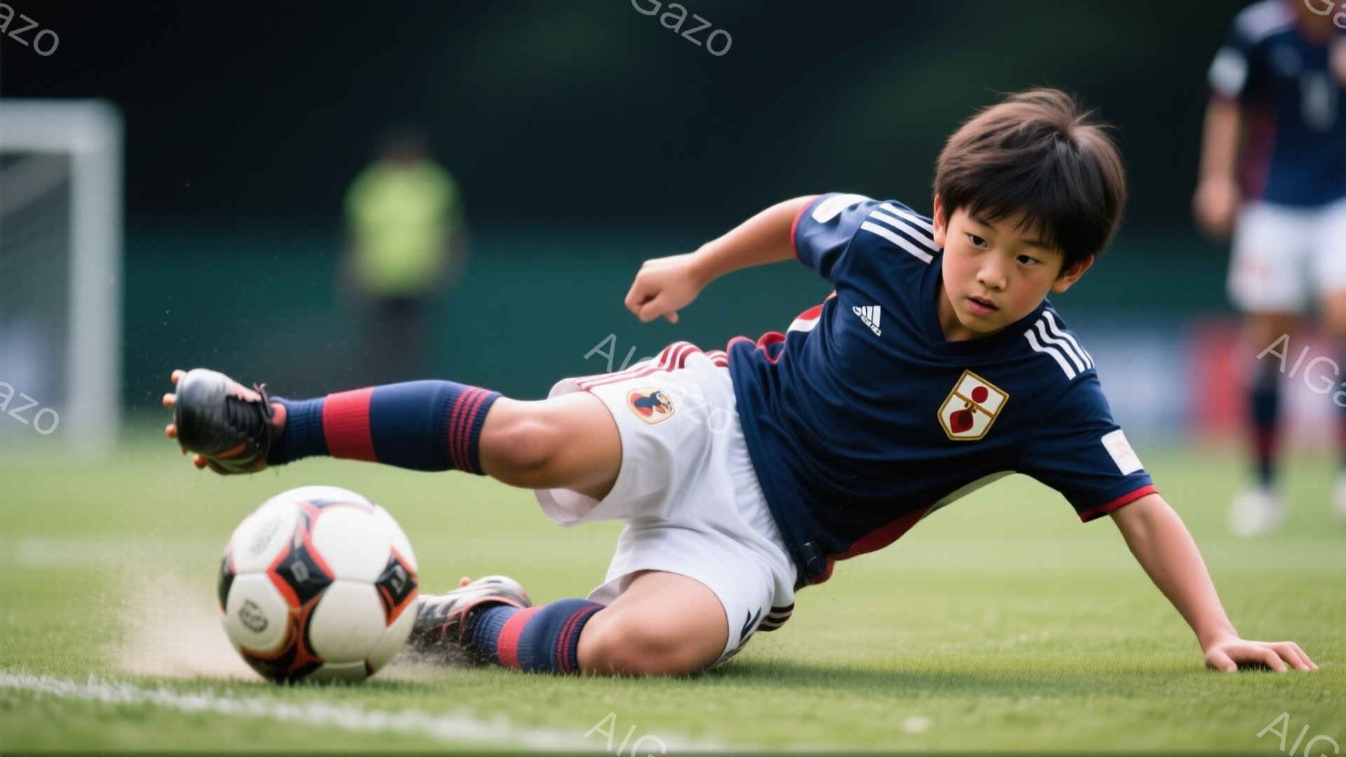 少年はサッカーの試合中、芝生の上に倒れ込みながらボールを蹴ろうとしています。紺色のストライプの入ったユニフォームと白いショートパンツ、黒いソックスとスパイクを履いており、髪は短く整えられています。背景 - AI生成フリー素材
