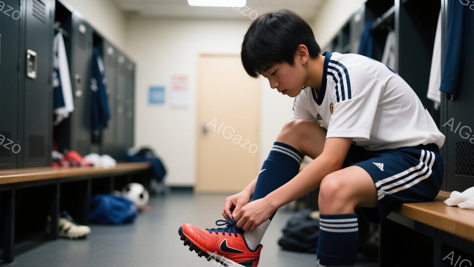 少年はロッカールームのベンチに座り、オレンジ色のスパイクの靴紐を結んでいます。彼は白い襟付きのシャツと紺色の短いスポーツパンツ、ハイソックスを着用しており、黒髪を短く切っています。背景にはロッカーやサ - AI生成フリー素材