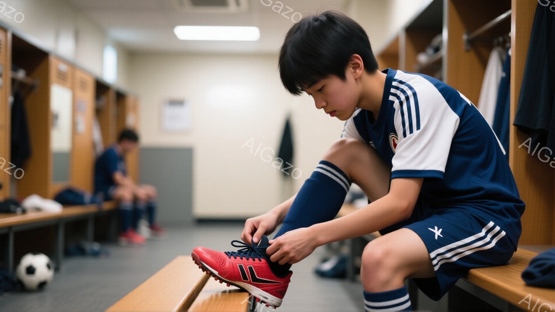 サッカーのユニフォームを着た少年が、ロッカールームのベンチに座ってスパイクの靴紐を結んでいます。少年は黒髪で、少しうつむき加減で集中した表情をしています。背景には他の選手やロッカー、サッカーボールが見 - AI生成フリー素材
