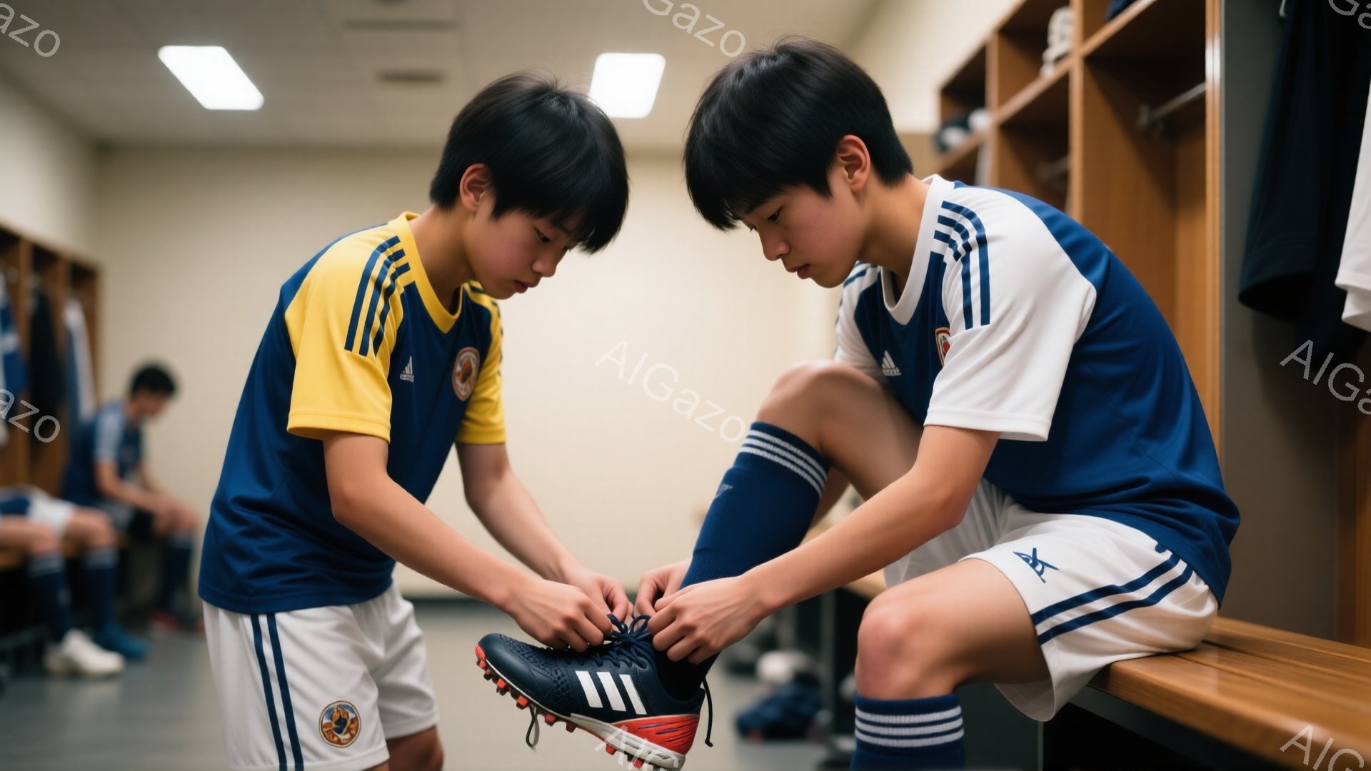 紺色の襟と袖のサッカーユニフォームを着た少年が二人、ロッカールームでサッカーシューズの靴紐を結んでいます。一人は座って靴紐を結んでおり、もう一人は立ち、手伝うようにかがんでいます。背景には他の選手やロ - AI生成フリー素材