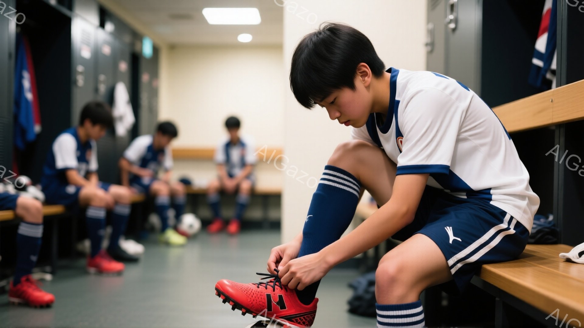 少年たちはサッカーのユニフォームを着て、ロッカールームのベンチに座っている。一人の少年は膝を曲げ、真剣な表情で赤いスパイクの靴紐を締めている。背景には他の少年たちが座り、サッカーボールが置かれている、 - AI生成フリー素材