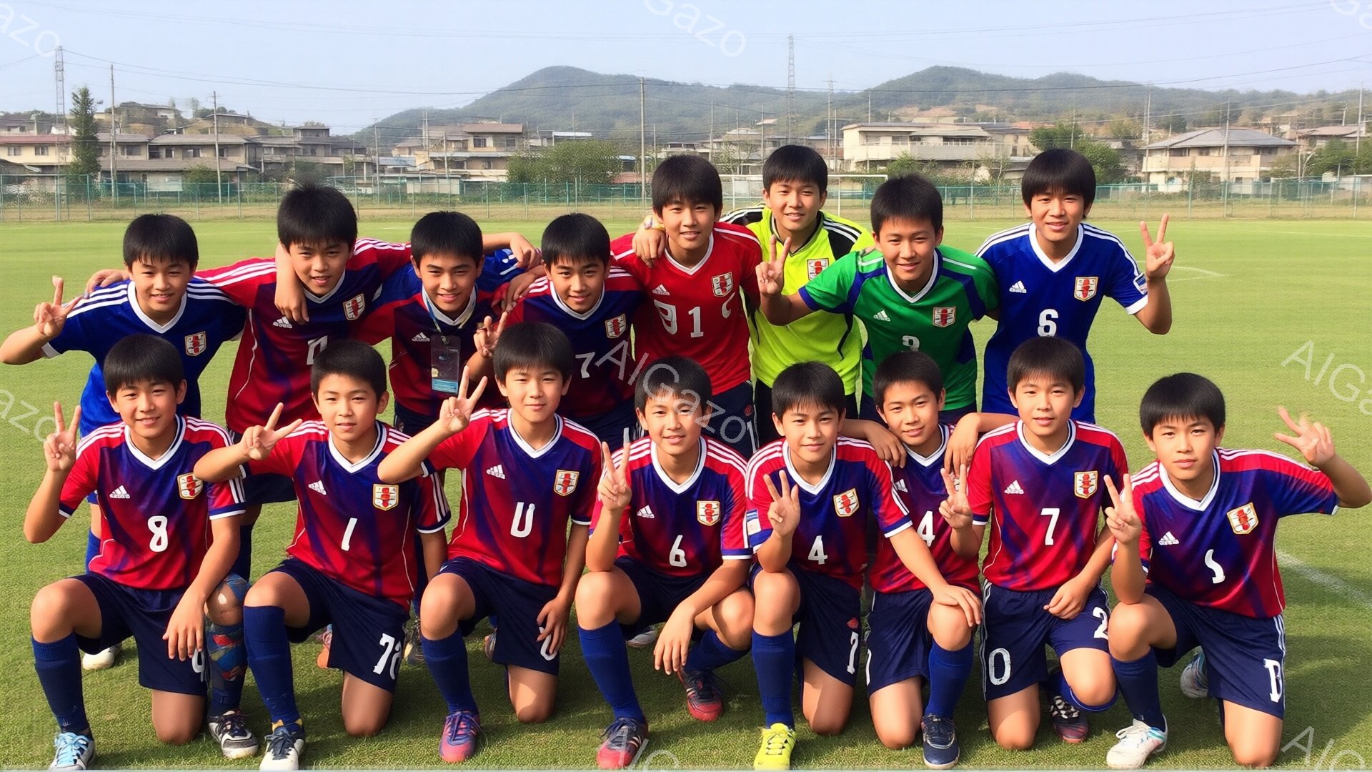 少年たちがサッカーのユニフォームを着て、緑の芝生の上で膝をついて並んでいます。赤いユニフォームをメインに、緑のユニフォームを着た選手もおり、皆笑顔でポーズを決めており、勝利を祝っているような雰囲気です。背景には住宅地と山々が広がっており、晴れた日のサッカーの試合後の様子を表しています。