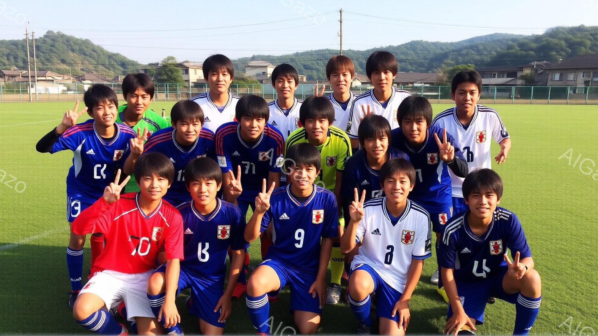 サッカーユニフォームを着た少年たちが、緑の芝生のグラウンドに集まって笑顔でポーズをとっています。彼らは青と白のユニフォームを着用し、髪型は短髪で、全体的に元気で活気のある表情をしています。背景には建物と緑豊かな丘が見え、晴れた空の下で、チームの団結と喜びが伝わってきます。