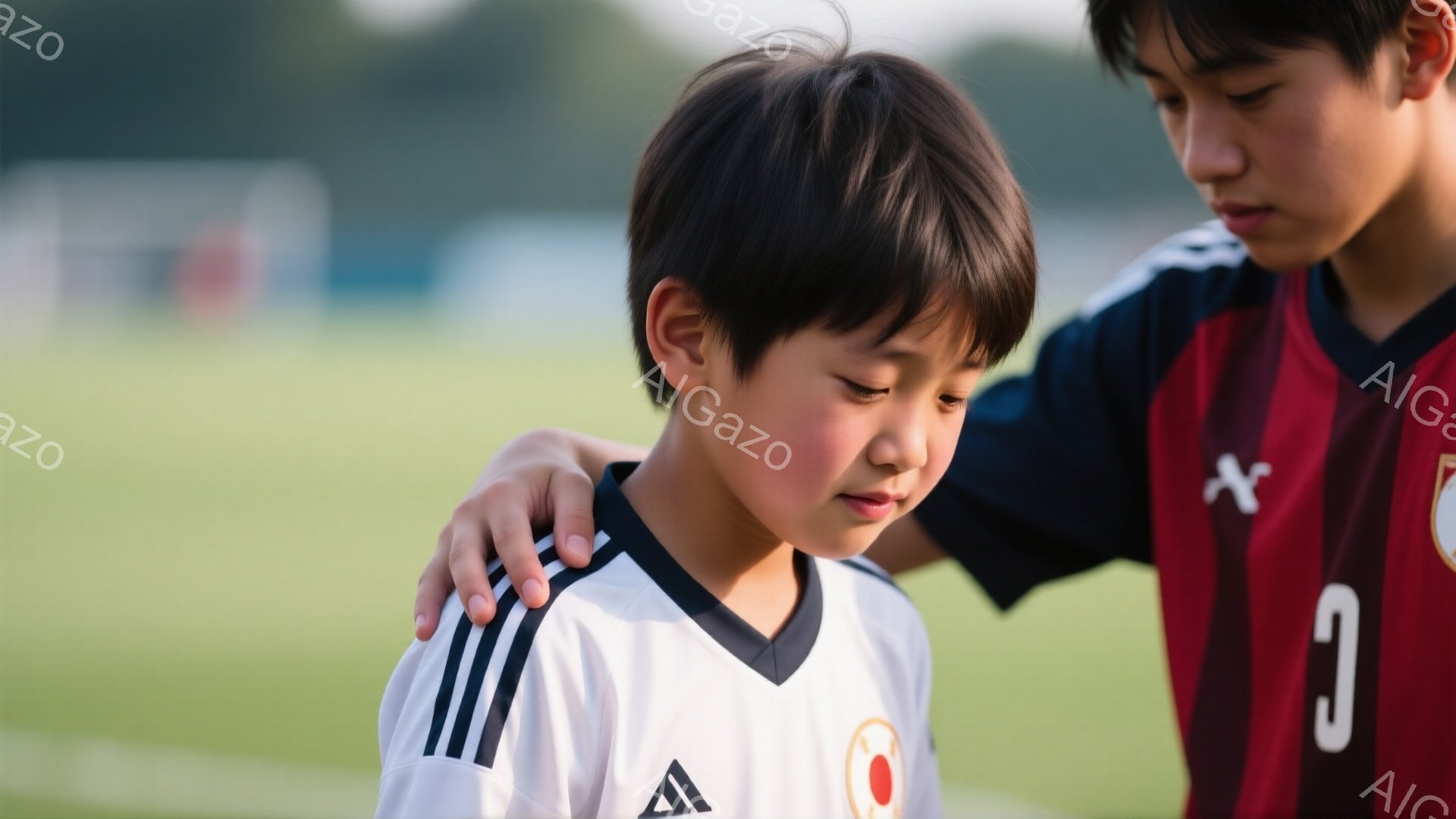 少年二人がサッカーの試合後、または練習後に寄り添っている様子が写っている。一人は白いユニフォームに黒いストライプと日本の旗が描かれており、少し悲しそうな表情をしている。もう一人は赤いユニフォームを着ており、白いユニフォームの少年の肩に手を置いている、背景には緑の芝生とぼやけた建物が見え、晴れた日の穏やかな雰囲気が伝わってくる。