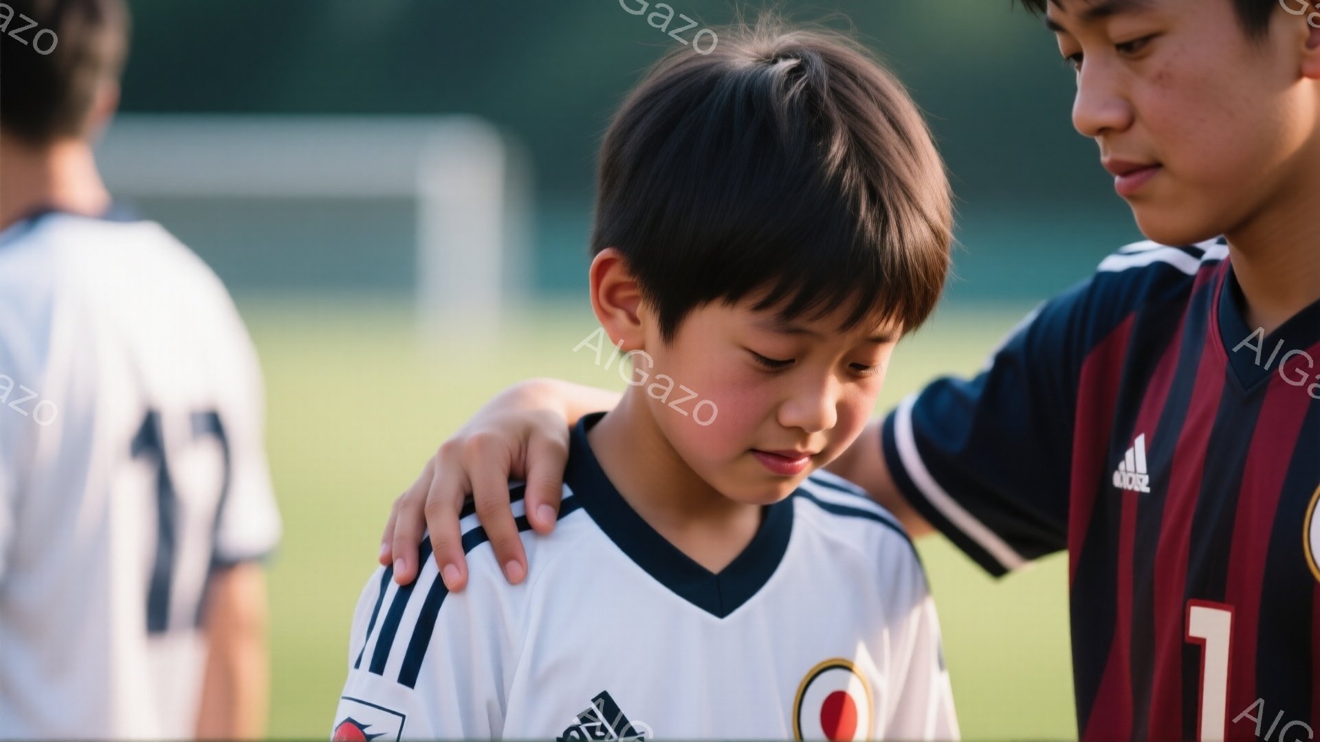 少年たちはサッカーの試合後、肩を並べている。一人の少年は白いユニフォームと黒い髪で、少し悲しそうな表情をしている。背景には緑の芝生とサッカーゴールがあり、晴れた日の穏やかな雰囲気が漂っている。