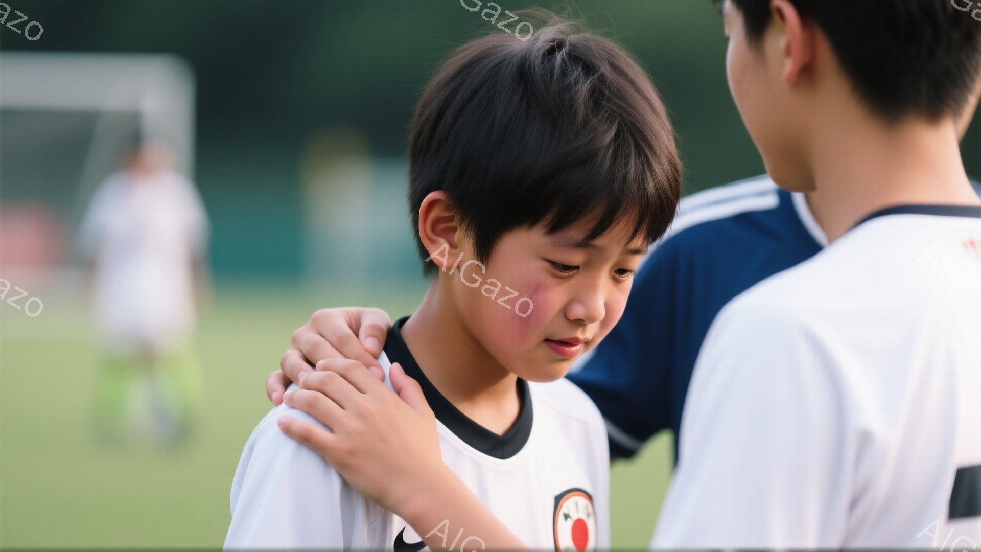 男の子が白いサッカーユニフォームを着ており、頬に赤い傷があります。彼はうなだれており、悲しそうな表情をしています。背後にはチームメイトらしき少年が手を置いて励ましているようです。