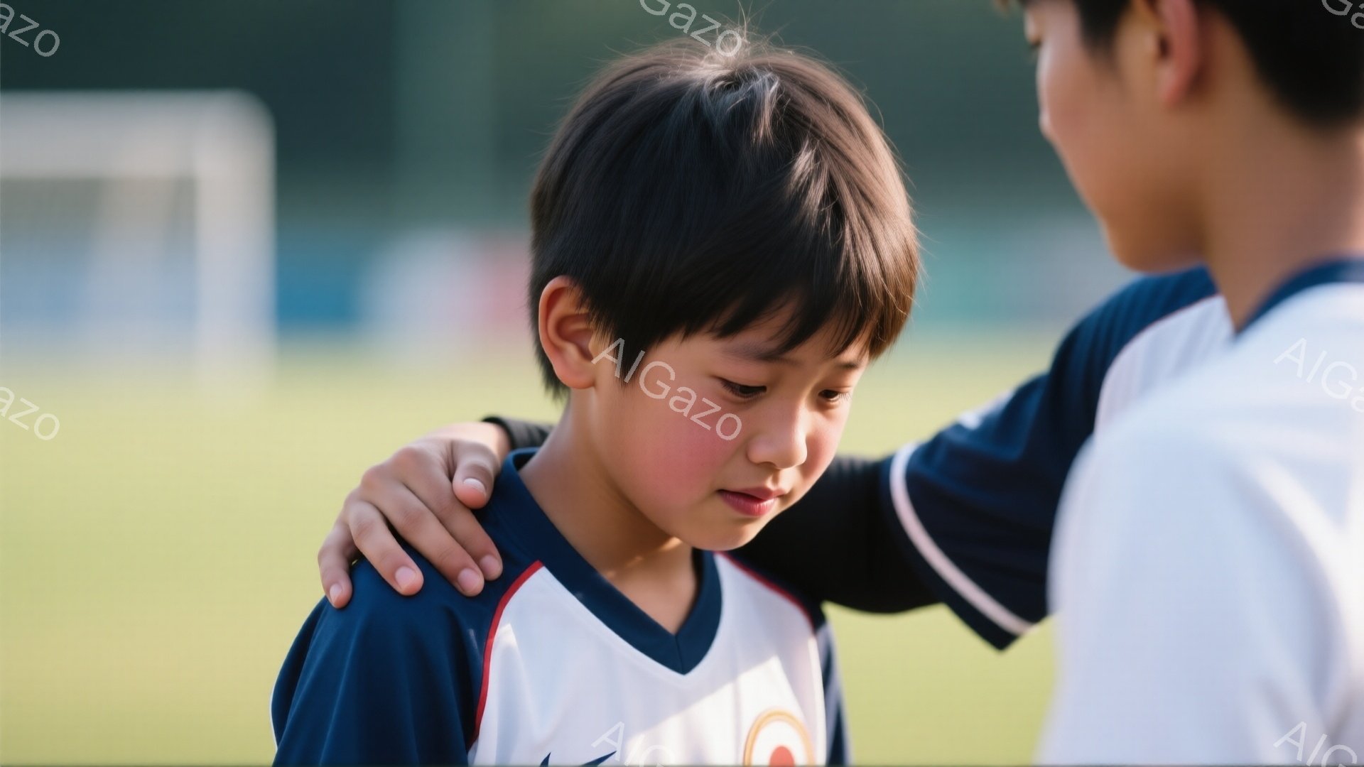 少年が紺色の縁取りのある白いサッカーユニフォームを着ており、髪は短く整えられているが、やや悲しそうな表情をしている。背後から別の少年が肩に手を置き、慰めているような様子がうかがえる。背景には緑の芝生が広がり、遠くにはサッカーゴールが見え、晴れた日の穏やかな雰囲気を感じさせる。