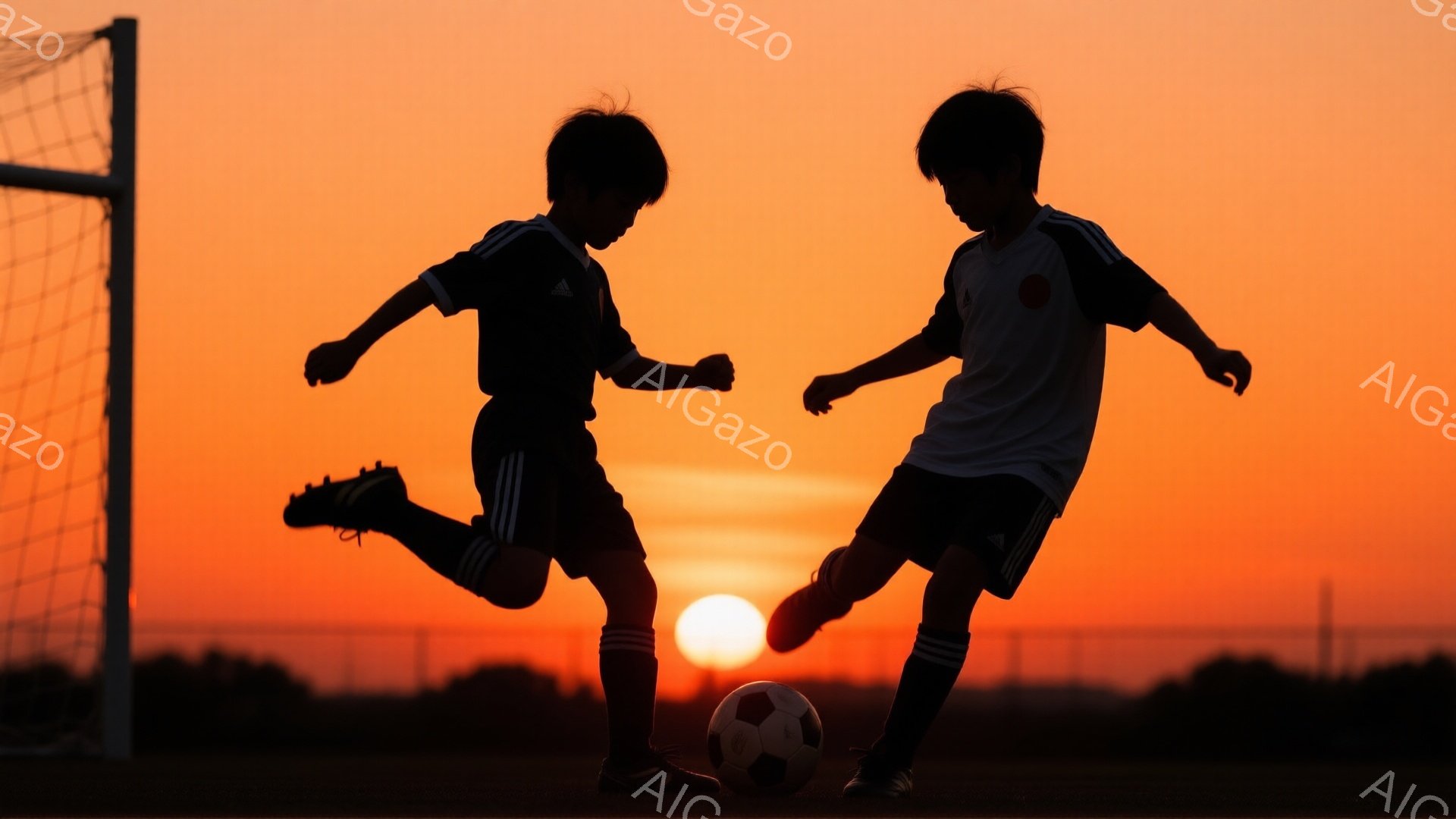 シルエットになった二人の少年が、夕焼けを背景にサッカーボールを蹴り合っている。少年たちは、サッカーユニフォームとソックスを着用し、髪は短く、活発に足を振りかぶっている姿が印象的だ。背景にはゴールネットと地平線、そして燃えるように赤く染まった空が広がり、躍動感と温かい雰囲気を醸し出している。