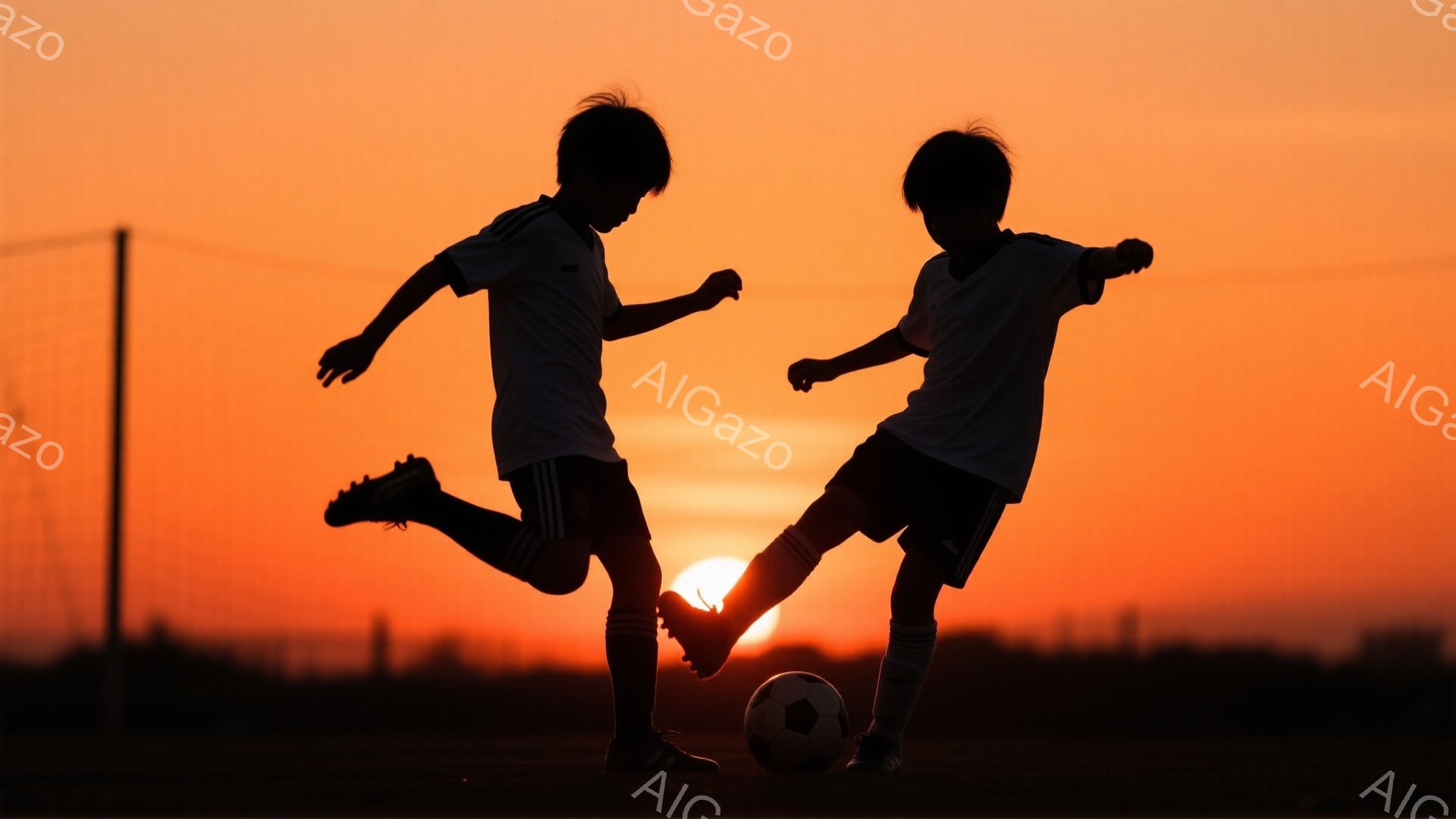 シルエットで描かれた二人の少年が、夕焼けを背景にサッカーボールを蹴り合っている。少年たちはサッカーユニフォームと短パン姿で、髪型は短く、活発に体を動かしている様子がうかがえる。燃えるような夕焼け空と、ぼんやりとした背景の木々が、彼らの躍動的な姿を際立たせ、夕暮れ時の温かく、エネルギッシュな雰囲気を醸し出している。