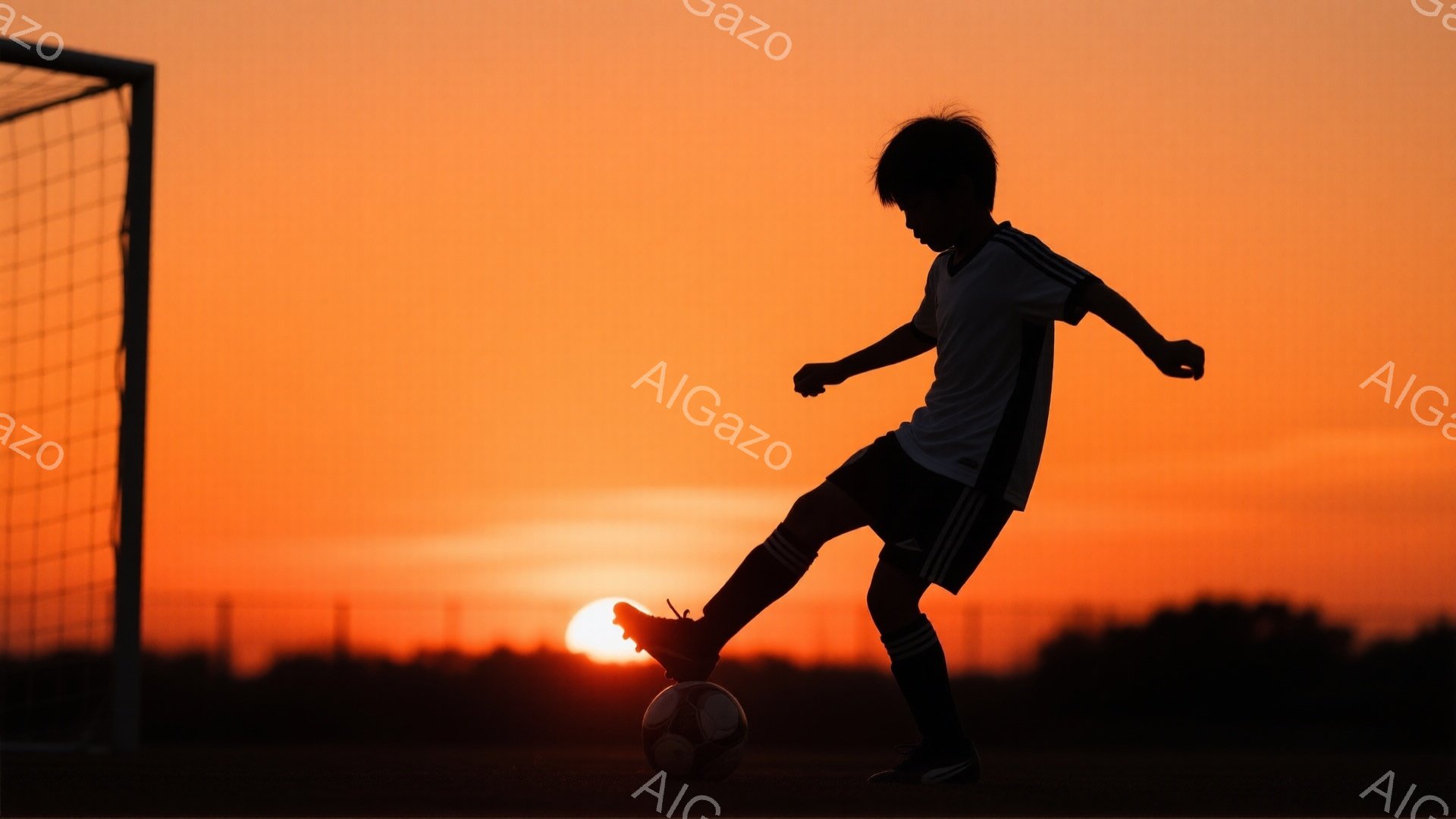 夕焼けを背景に、少年がサッカーボールを蹴るシルエットが印象的だ。少年は黒い髪で、白いサッカーユニフォームと黒いソックス、スパイクを履いている。背景にはサッカーゴールが見え、オレンジと赤色の夕焼けが空を染め上げ、情熱的で力強い雰囲気を醸し出している。