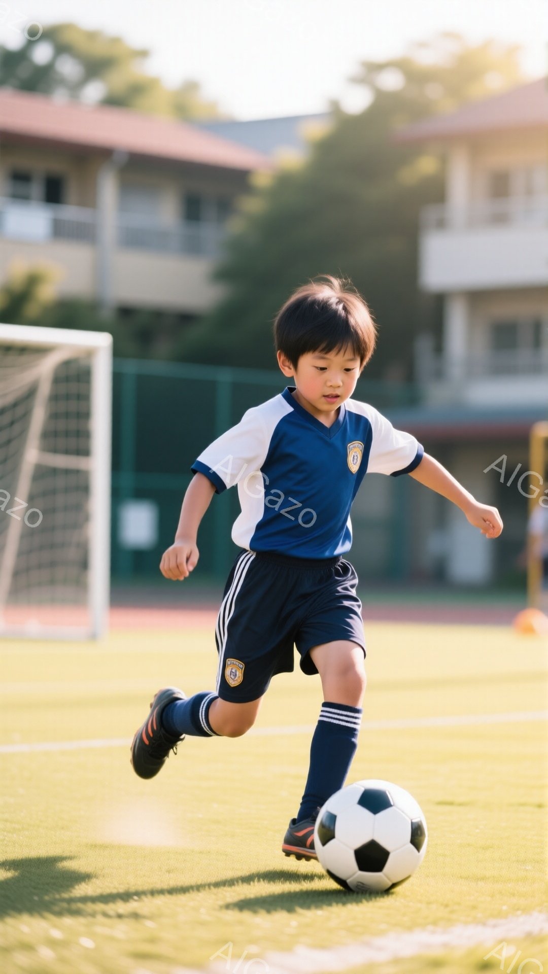 少年はサッカーボールをドリブルしながら、緑の芝生の上を走っている。青と白のサッカーユニフォーム、黒のショートパンツ、そして黒のサッカーシューズを着用し、短髪で真剣な表情をしている。背景にはサッカーゴー - AI生成フリー素材