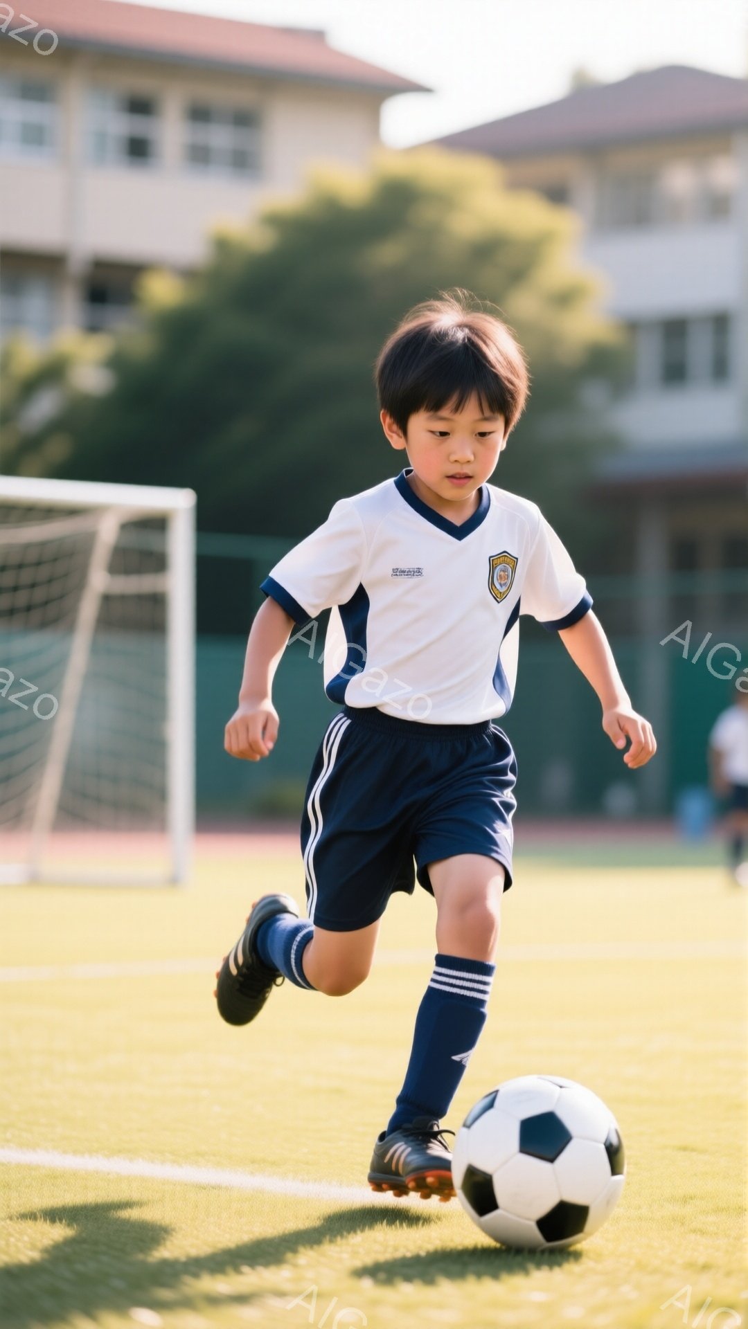 少年はサッカーボールをドリブルしながら走っています。白いシャツと紺色の短パン、ソックス、スパイクを履いており、黒髪を短く切った活発な表情をしています。背景には緑の芝生とサッカーゴール、そしてぼやけた建 - AI生成フリー素材