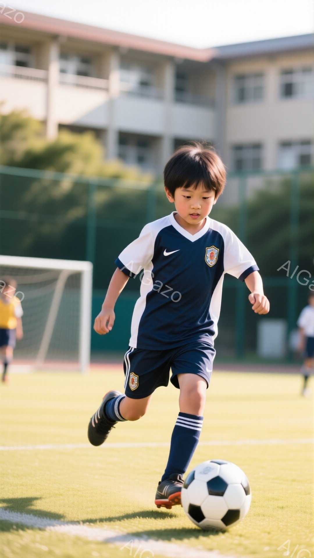 少年は紺と白のサッカーユニフォーム、紺のソックス、そして黒いスパイクを履いて、緑の芝生の上をボールをドリブルしている。彼の髪型は短く、顔には集中と決意が表れている。背景にはサッカーゴールが見え、遠くに - AI生成フリー素材