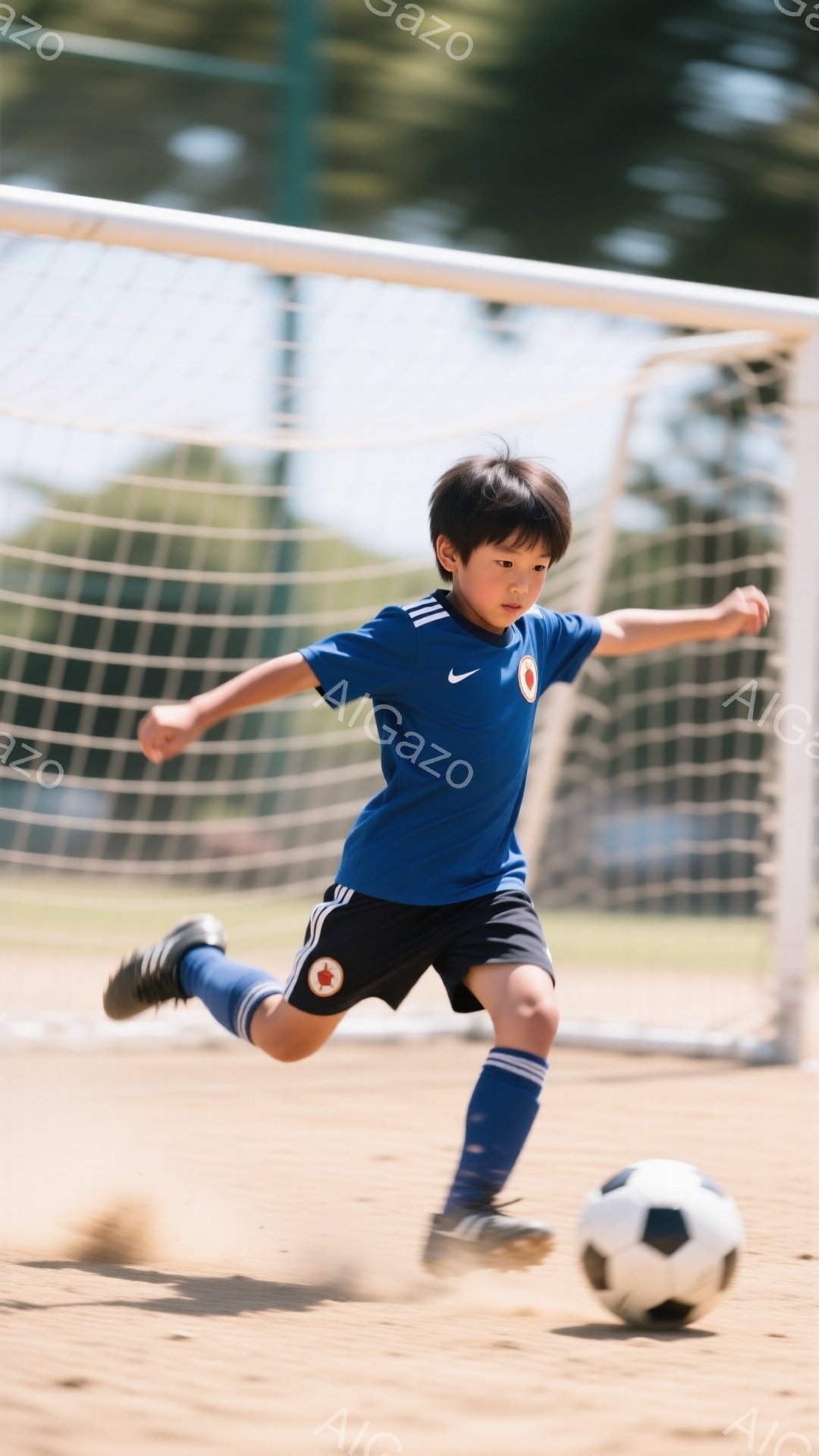 少年は青いサッカーユニフォームと黒いショートパンツ、ソックスを着用し、ボールを蹴り出す瞬間を捉えられています。彼の髪は短く、集中した表情で、足は地面を蹴り上げてボールに当たっています。背景にはサッカー - AI生成フリー素材