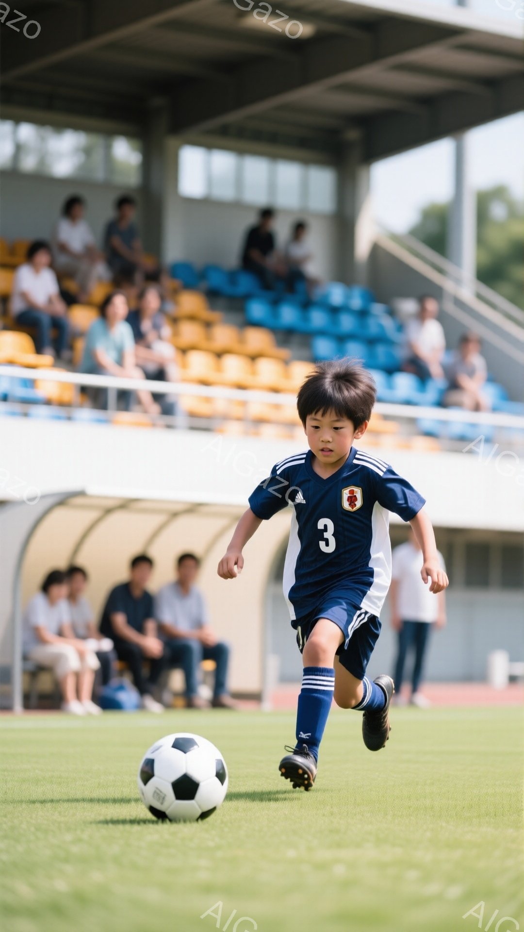 サッカーユニフォームを着た少年が、緑の芝生の上をボールを追いかけて走っている。紺色のユニフォームには「3」の番号が描かれ、黒色のサッカーシューズを履いている。背景には観客席と建物が見え、天候は晴れで、全体的に活気のあるスポーツの瞬間を捉えた写真となっている。
