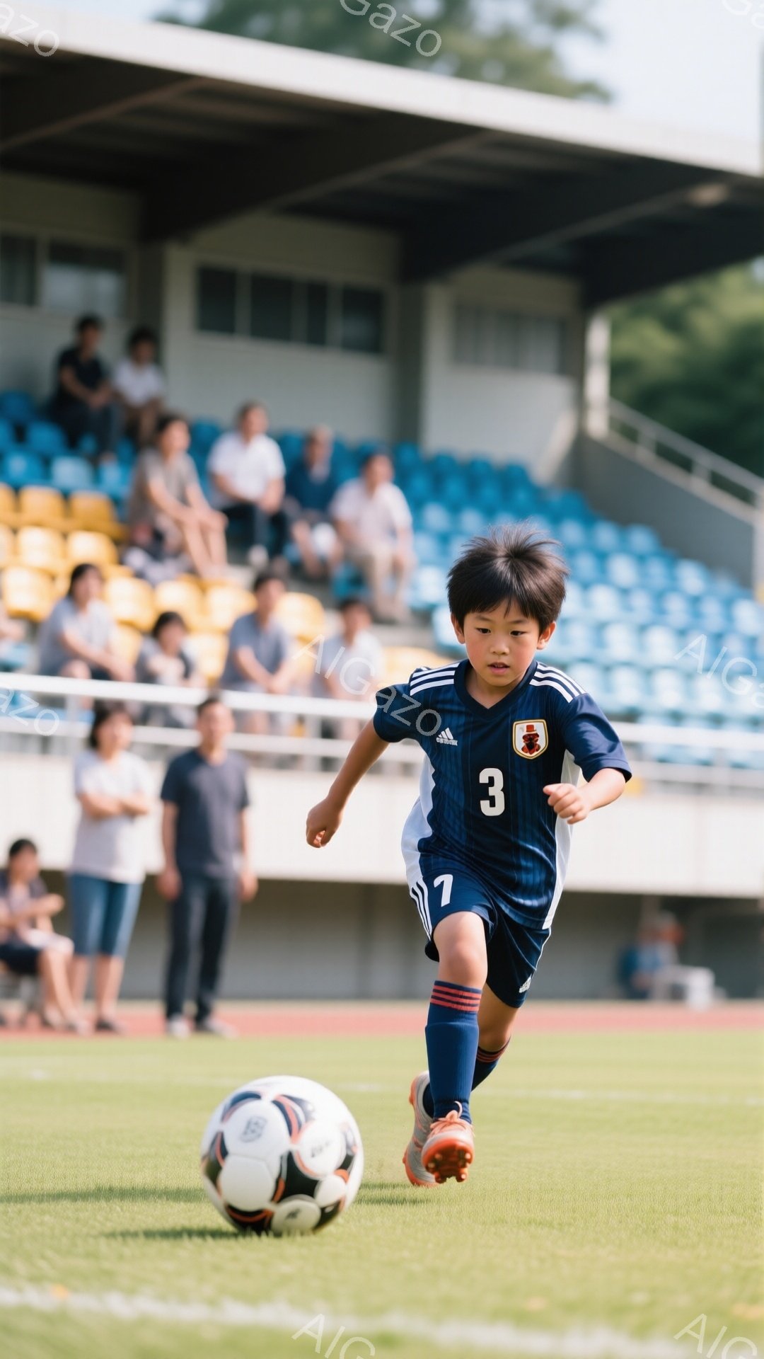 サッカー選手と思われる少年が、緑の芝生の上をボールを追いかけて走っている。少年は紺色のユニフォームに「3」の番号がついており、赤いソックスとオレンジ色のスパイクを履いている。背景には観客席が見え、ぼや - AI生成フリー素材