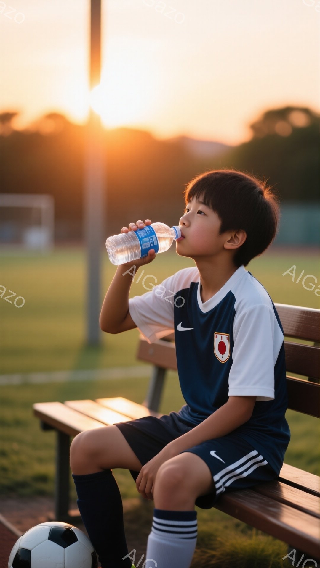 少年はサッカーの練習後、ベンチに座ってペットボトルの水を飲んでいます。紺色のシャツと短パンに白いソックスを履き、短い黒髪が特徴的です。背景には緑の芝生と夕焼け空が広がり、リラックスした穏やかな雰囲気が漂っています。