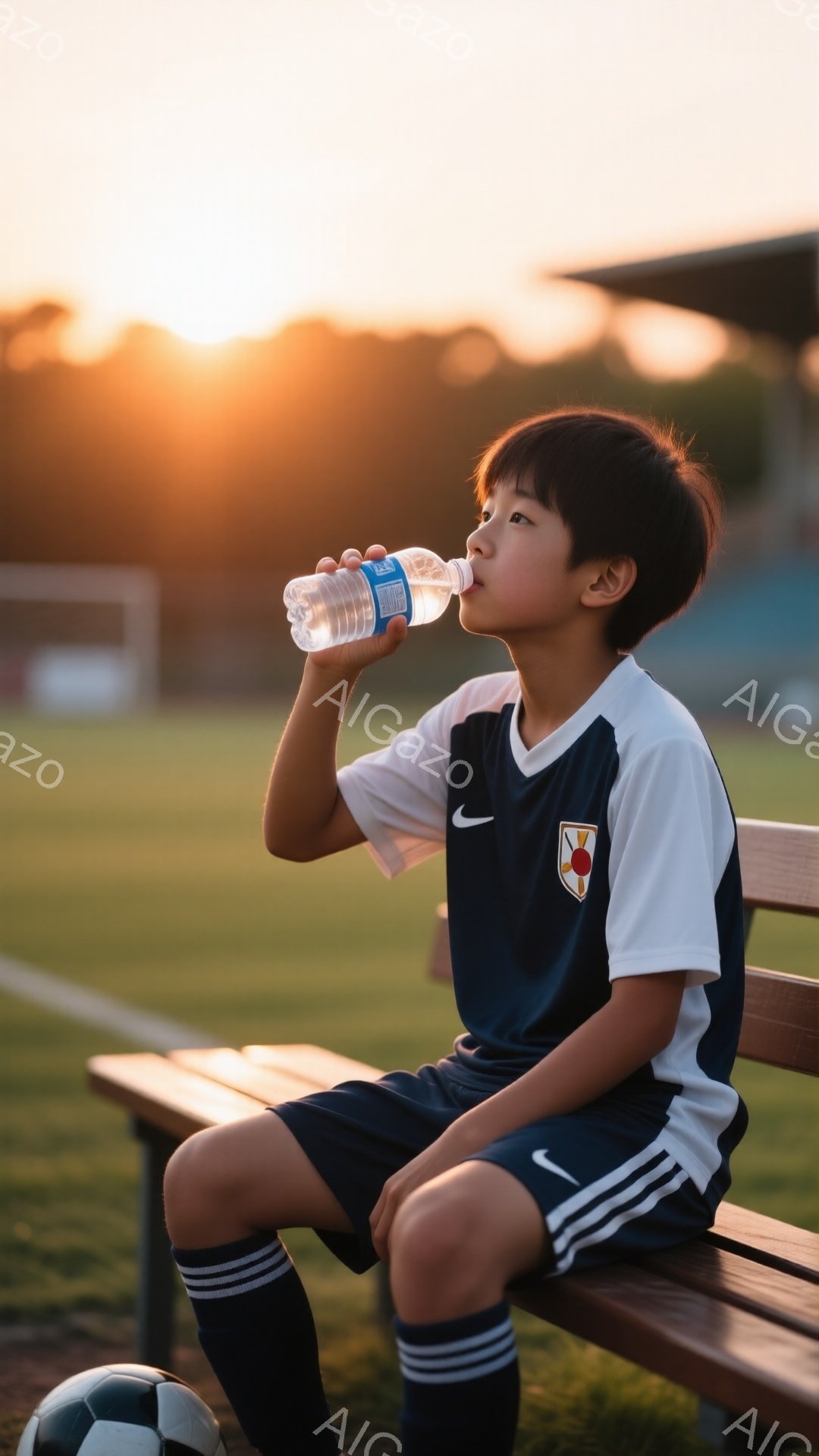 少年はサッカーの練習後、ベンチに座って水筒から水を飲んでいます。紺と白のストライプの入ったサッカーユニフォームを身につけ、黒いソックスと短パン姿です。背景には緑の芝生とサッカーボール、そして夕焼け空が広がり、落ち着いた雰囲気です。