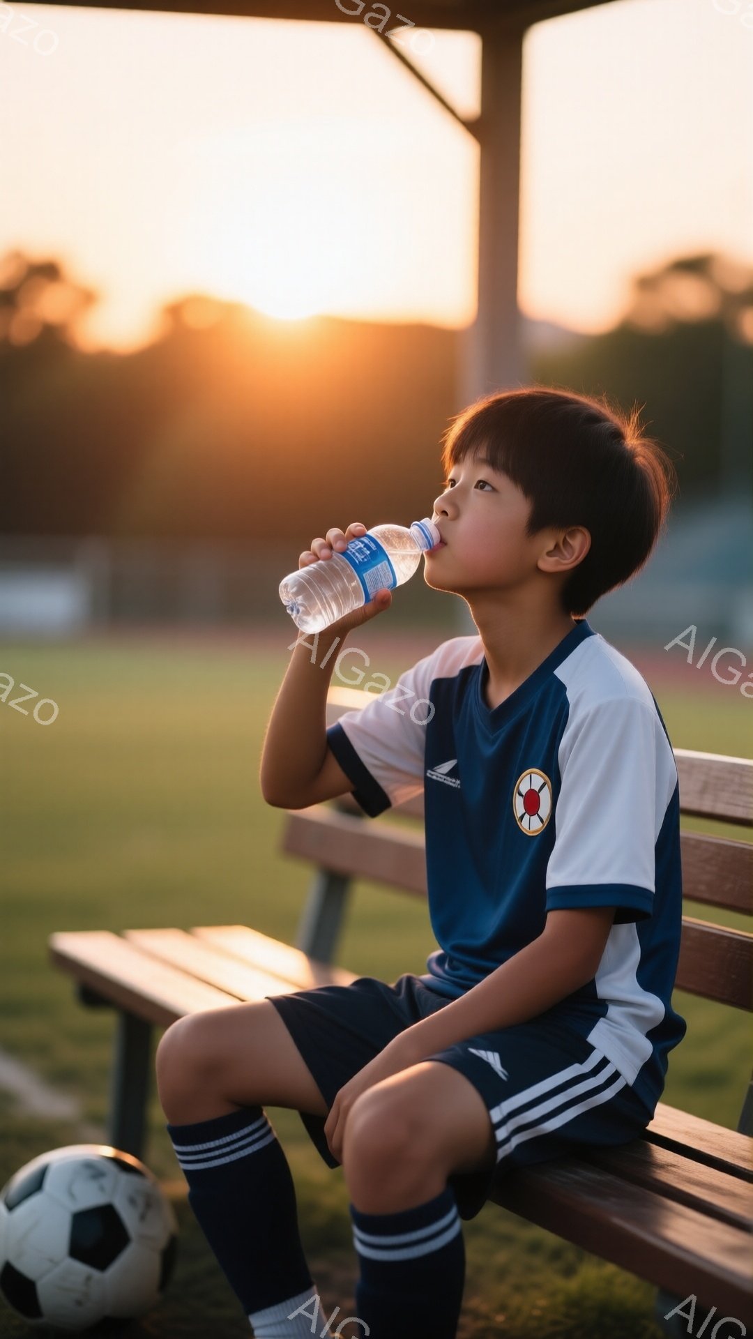 少年はサッカーの練習後、ベンチに座って青いユニフォーム姿でペットボトルから水を飲んでいます。彼の髪は短く刈り込まれており、少し疲れた表情をしています。背景には緑の芝生と、夕焼けに照らされたサッカーボール、そして遠くに見える建物や木々があり、穏やかで少し寂しげな雰囲気です。