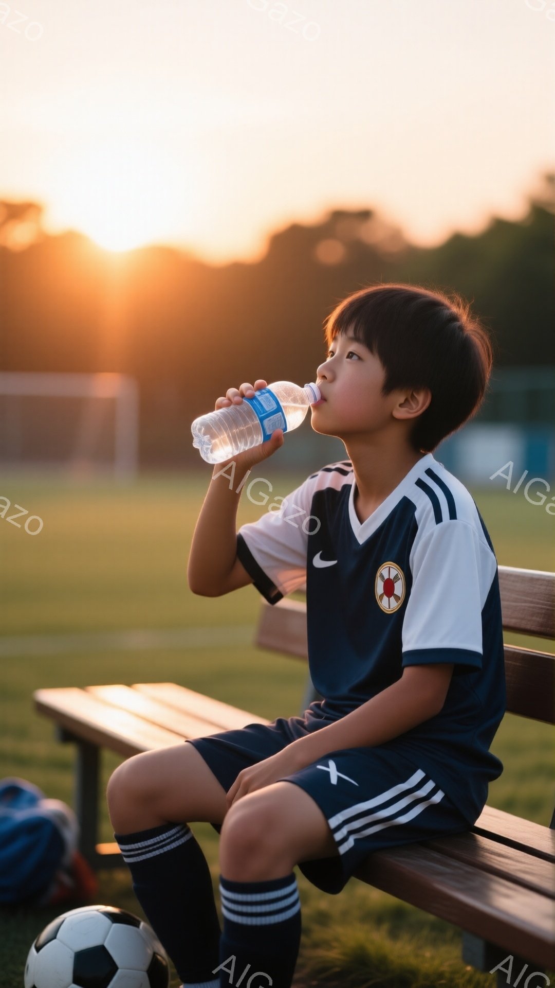 少年は紺色のサッカーユニフォームと黒いソックスを着用し、ベンチに座って水を飲んでいます。彼の髪は短く整えられており、表情はリラックスしています。背景には緑のサッカー場が広がり、夕焼け空がオレンジ色に染まり、穏やかでスポーツの終わった後の静かな雰囲気が漂っています。