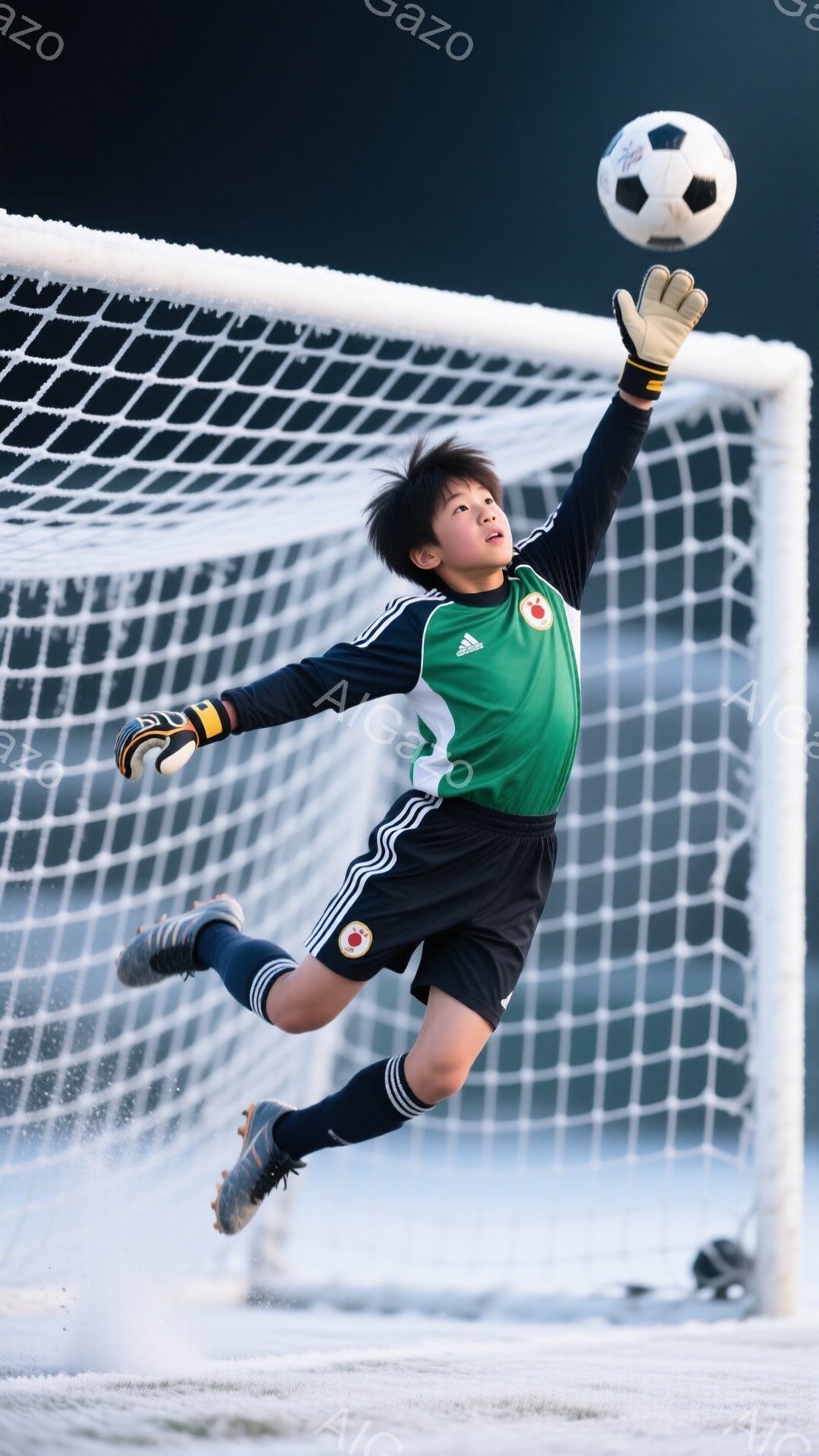 緑色のユニフォームと黒いショーツを着た少年が、ゴールキーパーとしてボールをキャッチしようと空中でジャンプしている。彼の髪は短く、表情は真剣で、集中している様子が伝わる。背景は雪景色で、雪に覆われたフィールドとゴールネットが写っており、冬のスポーツシーンの雰囲気を醸し出している。