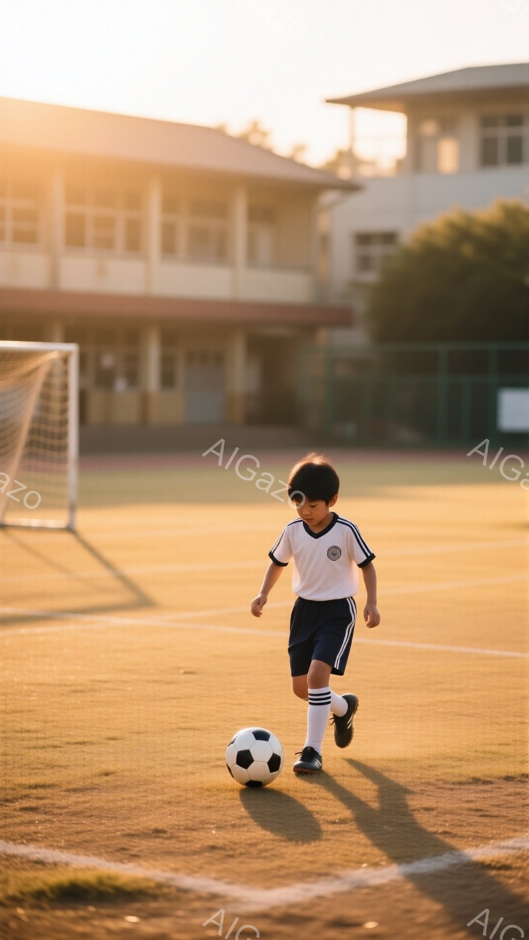 少年はサッカーボールをドリブルしながら、青い短パンと白い半袖のユニフォームを着ています。背景には、夕日の光が差し込むサッカー場と、ぼんやりとした建物のシルエットが見えます。全体的に、暖かく、活気のある - AI生成フリー素材