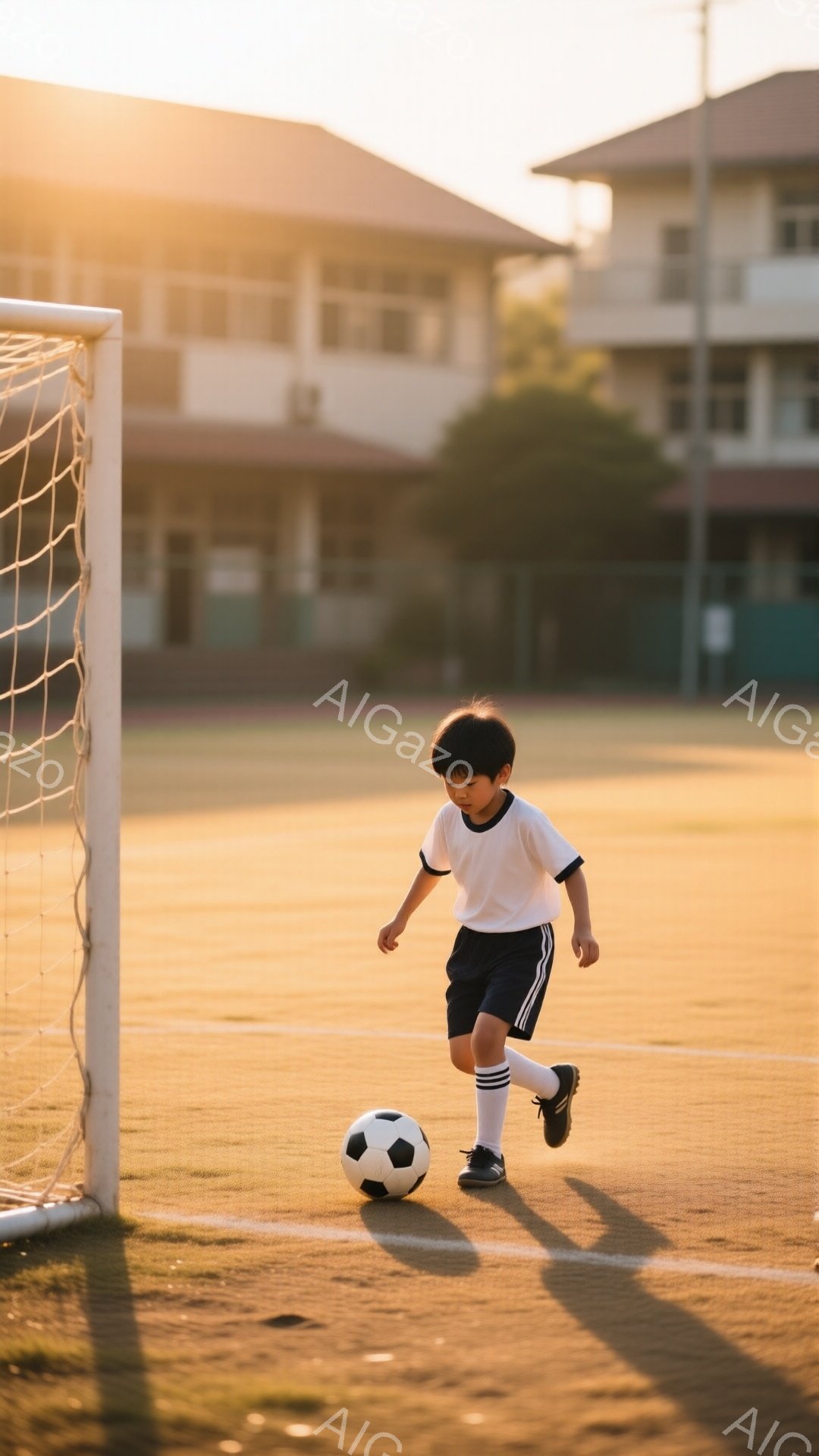 一人の少年がサッカーボールをドリブルしている様子が写っている。少年は白いシャツに黒い短パン姿で、頭髪は短く整えられている。背景にはゴールネットと、夕日に照らされた学校の建物が見え、暖かい雰囲気が漂っている。
