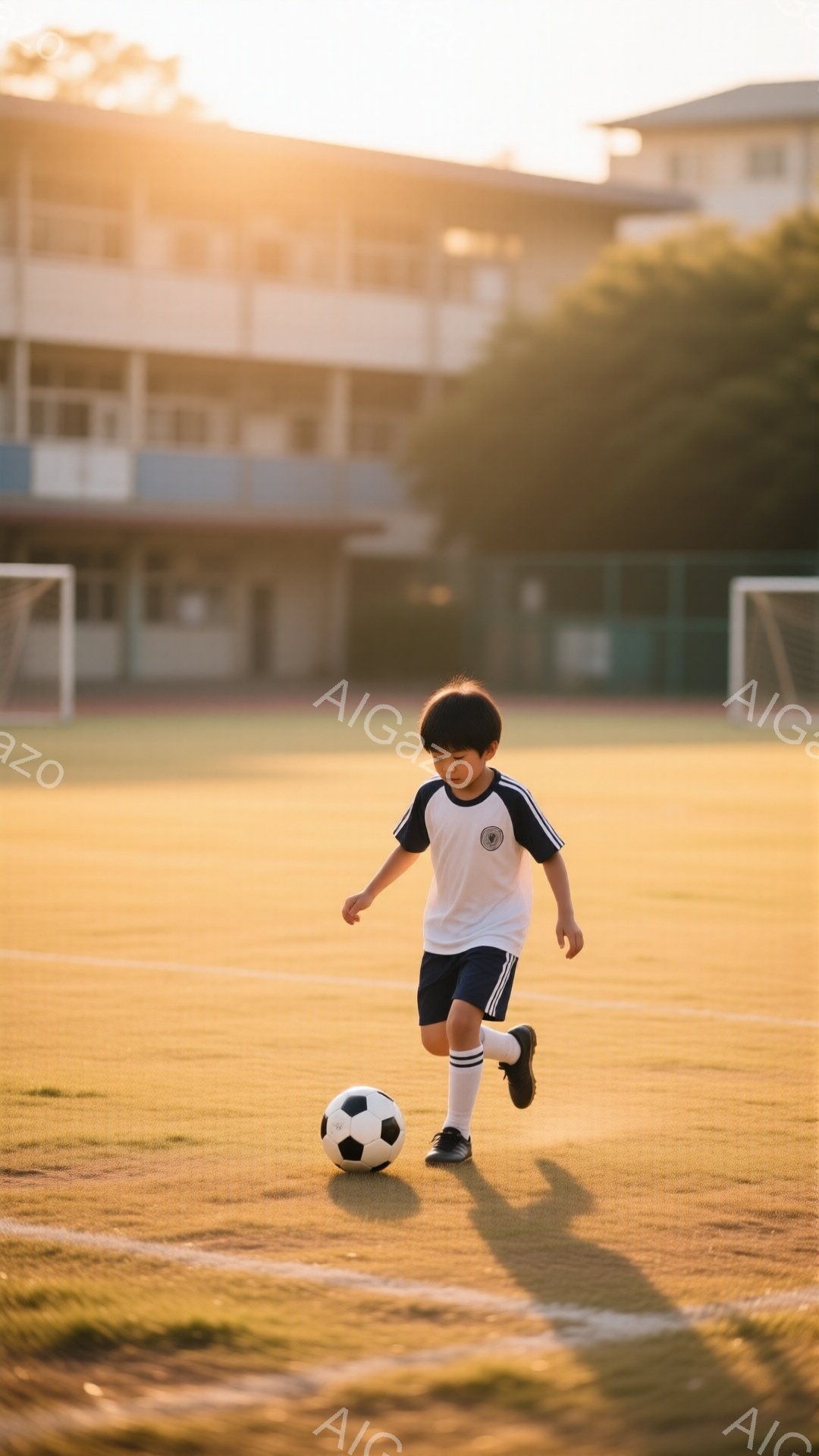 一人の少年がサッカーボールをドリブルしている様子が写っている。少年は白いシャツに青いショートパンツ、白い靴下を履いており、短髪で前髪が少しおでこにかかっている。背景には、緑のサッカー場と夕焼け空の下に薄く見える建物があり、温かく穏やかな雰囲気を醸し出している。