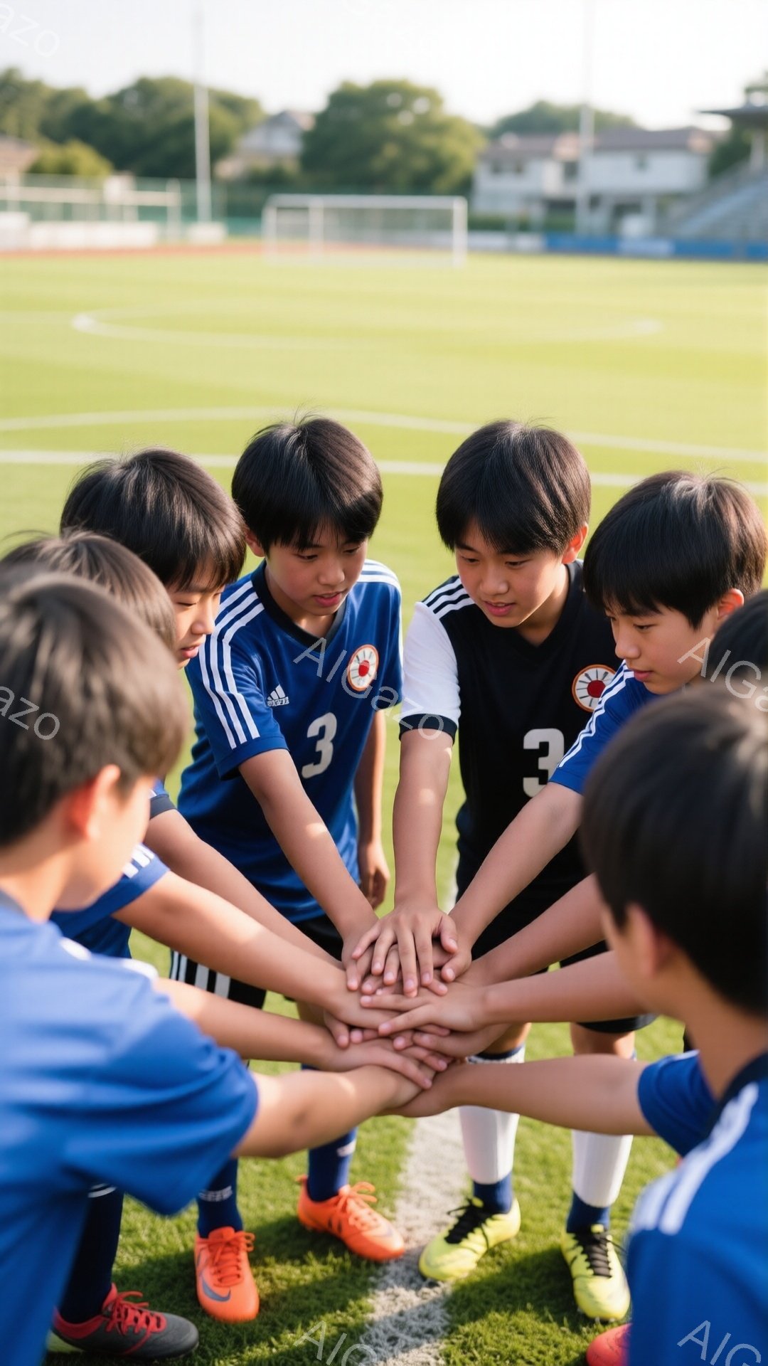 紺色のサッカーユニフォームを着た少年たちが円になって手を重ねています。彼らは皆、黒髪で、集中した表情で地面を見下ろしており、チームとして結束している様子が伝わってきます。背景には緑のサッカー場と遠くに見える建物があり、晴れた日の試合前の緊張感と一体感を醸し出しています。