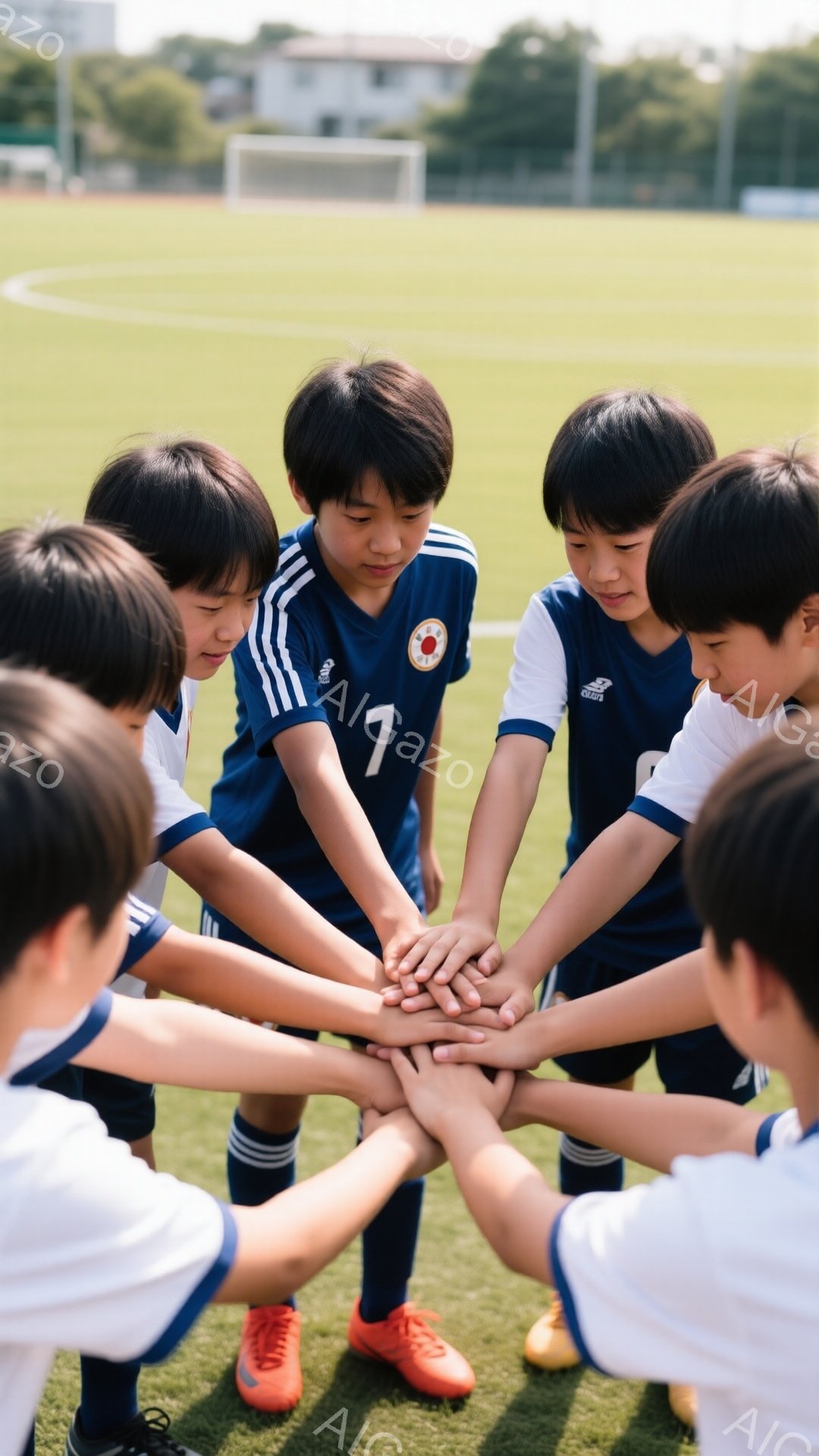 サッカーユニフォームを着た少年たちが円になって手を重ねています。青いユニフォームの少年と白いユニフォームの少年がおり、それぞれのユニフォームには数字が書かれています。背景は緑のサッカー場と、遠くに見える建物や木々があり、晴れた日のようです。