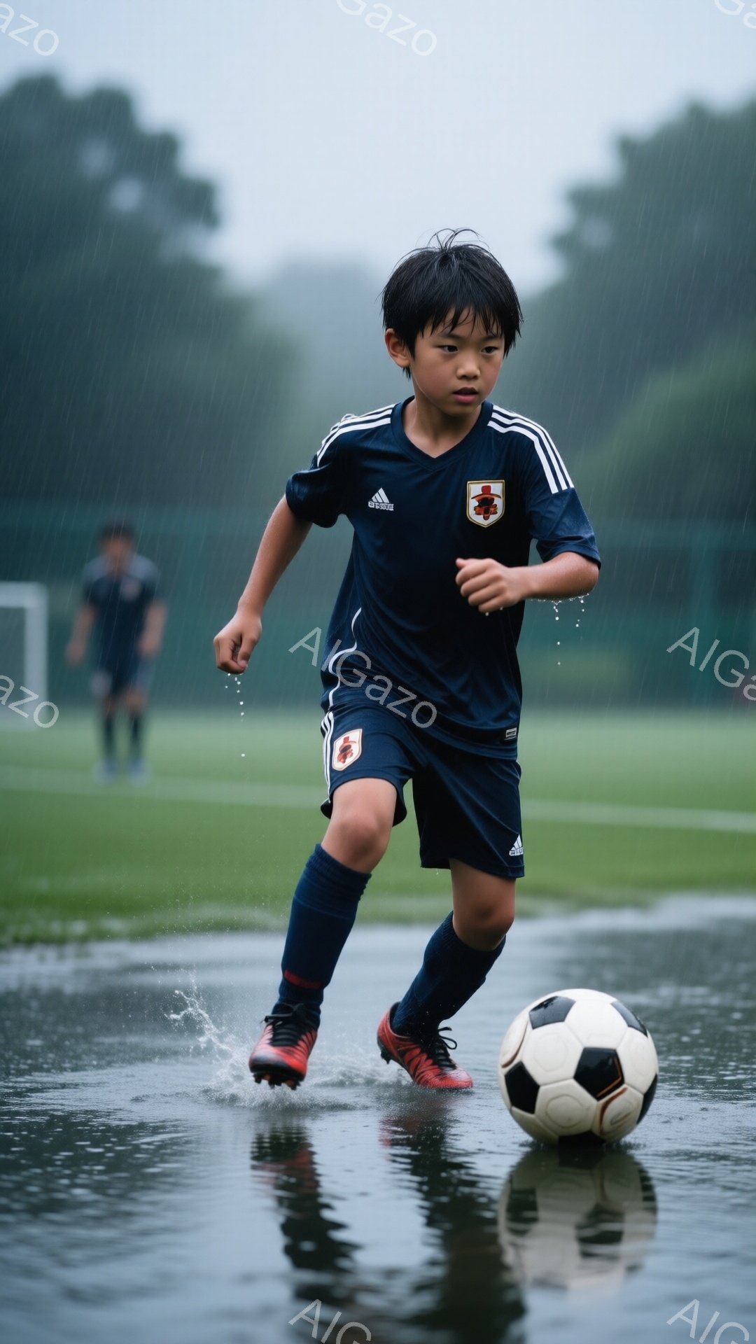 雨の中、少年がサッカーボールをドリブルしている写真です。紺色のサッカーユニフォームとソックス、赤いサッカーシューズを着用し、黒い短髪が特徴的です。背景は緑色の芝生と雨で濡れた地面であり、雨粒が写り込み、どんよりとした雰囲気が漂っています。