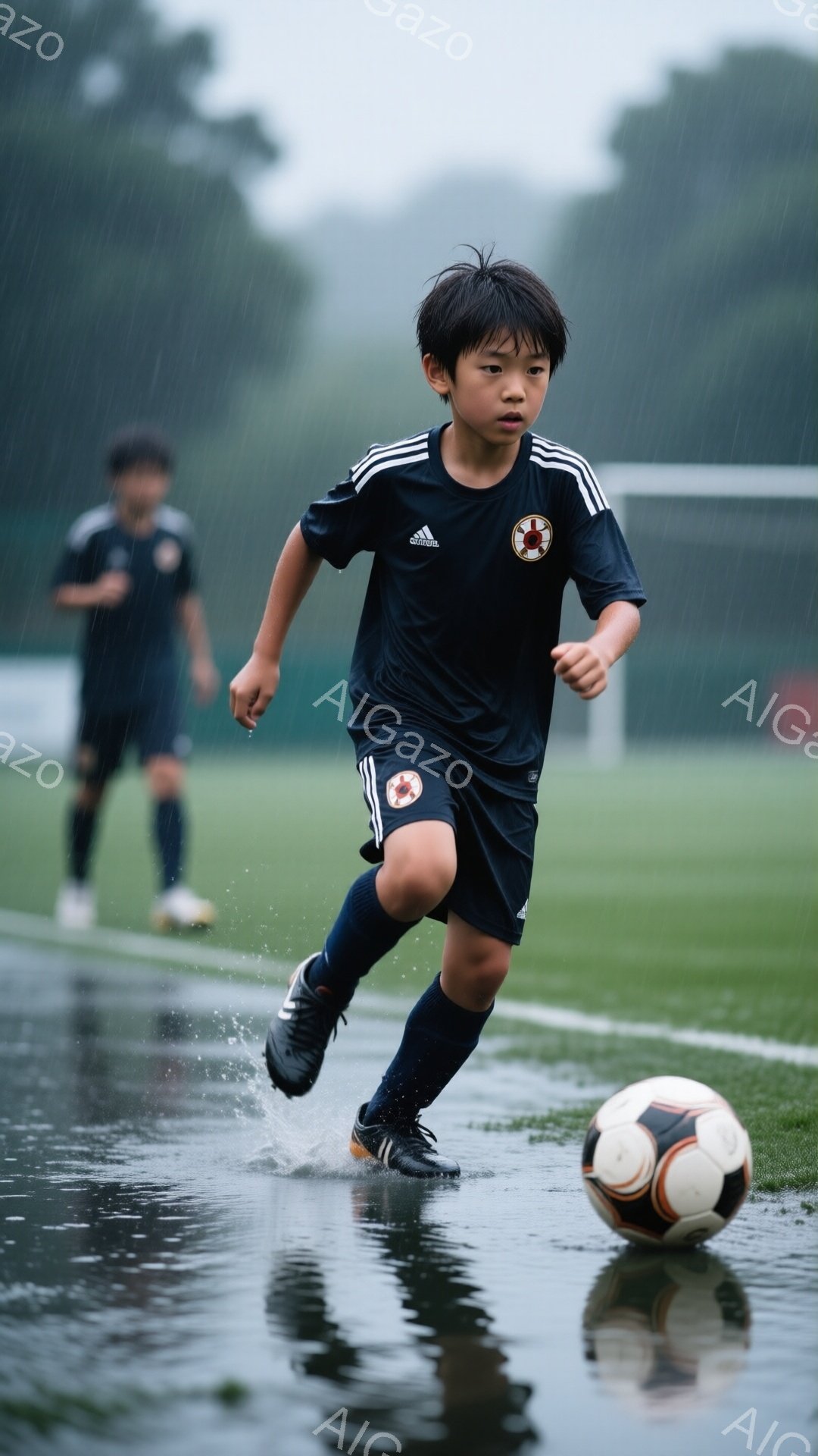 雨が降るサッカー場で、少年がボールを追いかけて走っている。黒いユニフォームと短い髪型で、集中した表情でボールに目を向けている。背景には緑の芝生と他の少年たちがぼんやりと見え、雨の日の活気あるサッカーの - AI生成フリー素材