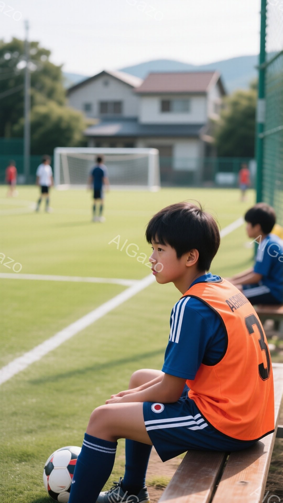 サッカーの試合会場で、少年がベンチに座って物思いにふけっています。青とオレンジのユニフォーム、黒いソックス、スパイクを履いており、髪型は短髪です。背景にはサッカーゴールと緑豊かな芝生、そして住宅地が広 - AI生成フリー素材