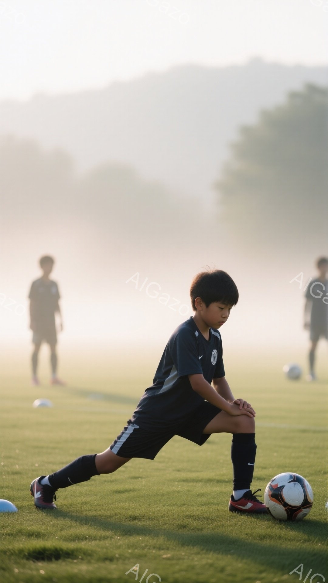 少年はサッカーの練習場で膝をつき、ボールを見つめている。黒いサッカーユニフォームと白い靴下、スパイクを身につけ、短髪で前かがみの姿勢をとっている。背景には他の選手がぼんやりと見え、朝のもやがかかった緑 - AI生成フリー素材