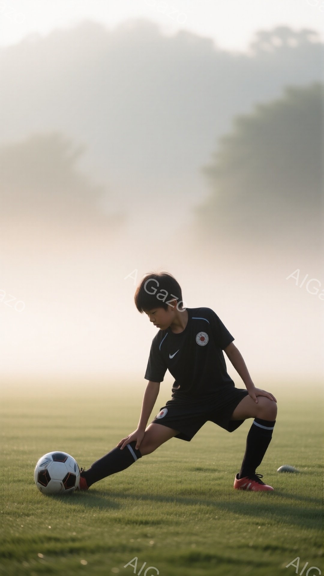 黒いサッカーユニフォームを着た少年が、緑の芝生の上でストレッチをしている。少年は黒い短髪で、少しうつむき加減で集中した表情をしている。背景は朝のもやがかかったグラウンドで、遠くにはぼんやりと木々が見え、静かで穏やかな雰囲気が漂っている。
