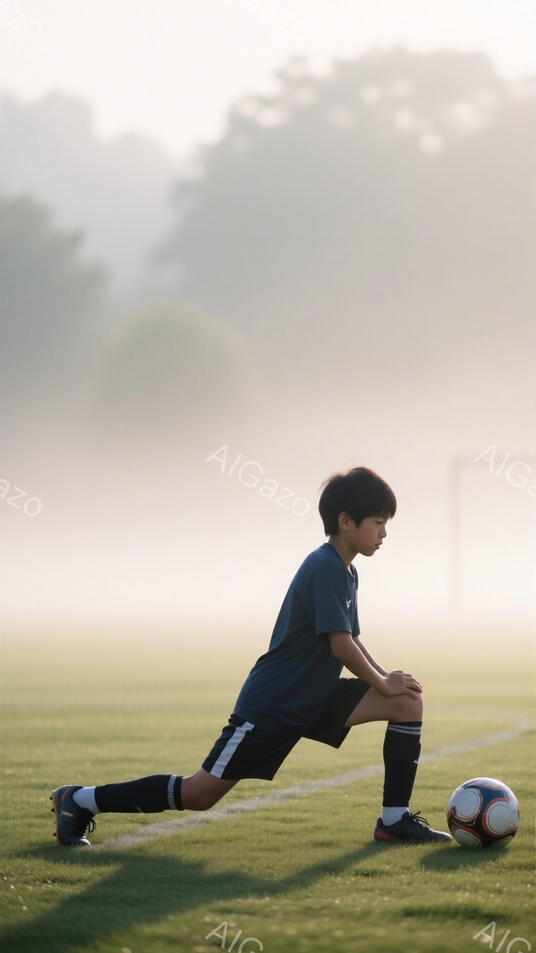 少年はサッカーの練習場で片膝をつき、ストレッチをしている。紺色の半袖シャツと白いショートパンツ、黒いソックスとオレンジと黒のスパイクを履いている。背景には緑の芝生と朝霧、そしてぼんやりと見えるサッカーゴールがあり、静かで集中した雰囲気が漂っている。
