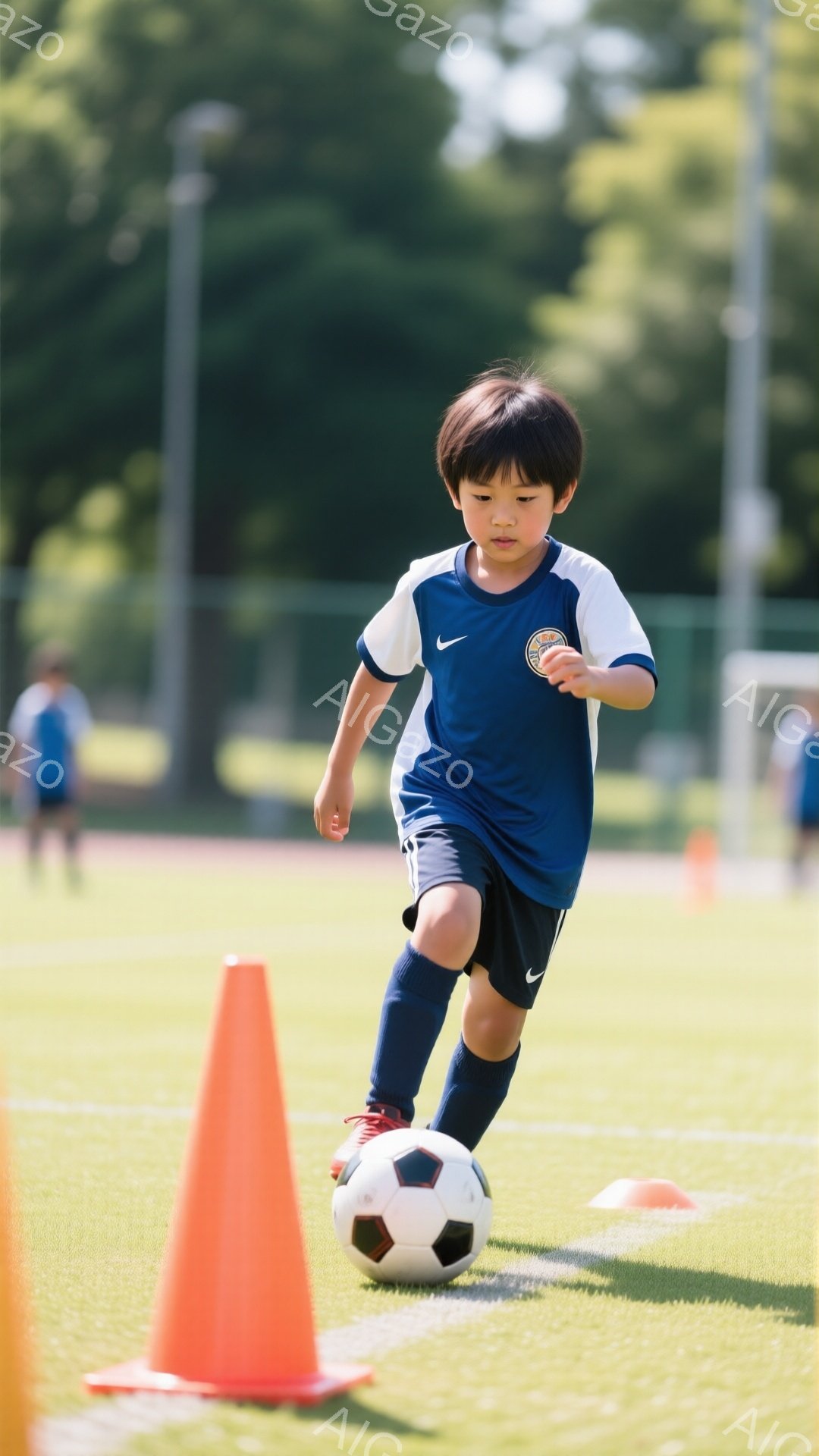 少年はサッカーボールをドリブルしながら、オレンジ色のコーンの間を走っている。青いユニフォームと短い黒髪が特徴で、集中した表情でボールを見つめている。背景は緑の芝生とポールがあり、晴れた日のサッカー練習 - AI生成フリー素材