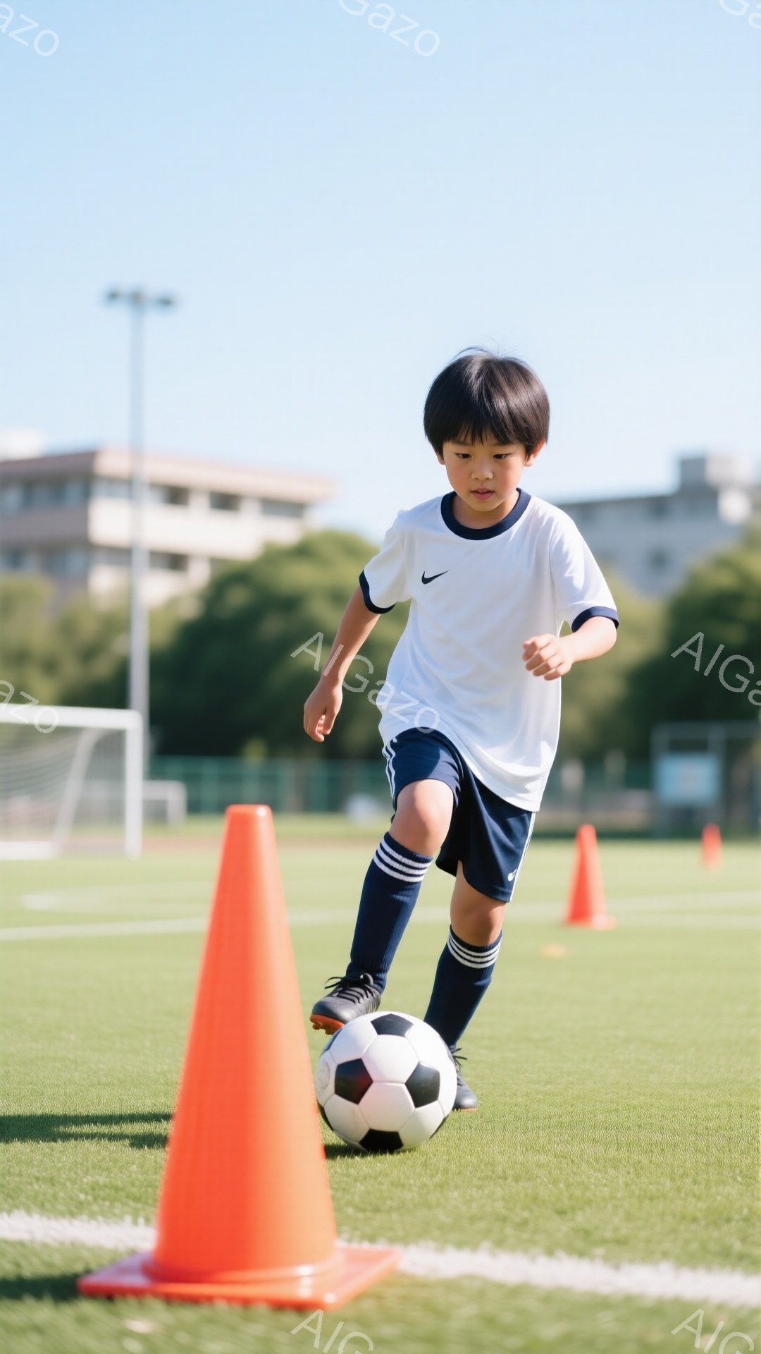 少年はサッカーボールをドリブルしながら、オレンジ色のコーンの間を走っています。白の半袖シャツと紺色の短パン、長いソックス、黒いスパイクを履いており、黒髪を短く切っています。背景には緑の芝生、サッカーゴ - AI生成フリー素材